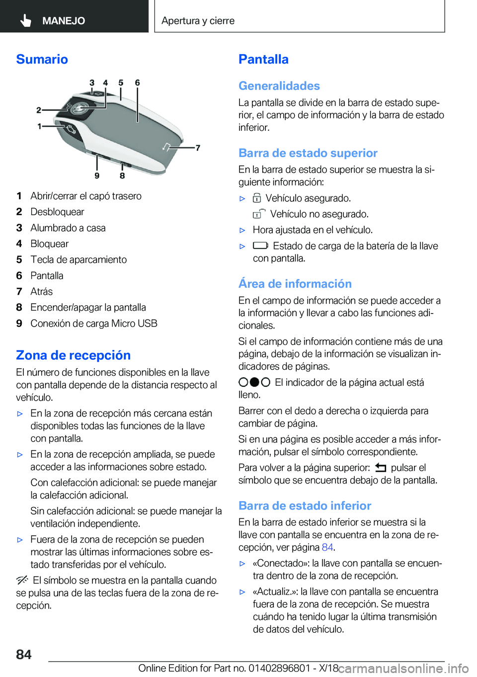 BMW 7 SERIES 2019  Manuales de Empleo (in Spanish) �S�u�m�a�r�i�o�1�A�b�r�i�r�/�c�e�r�r�a�r��e�l��c�a�p�