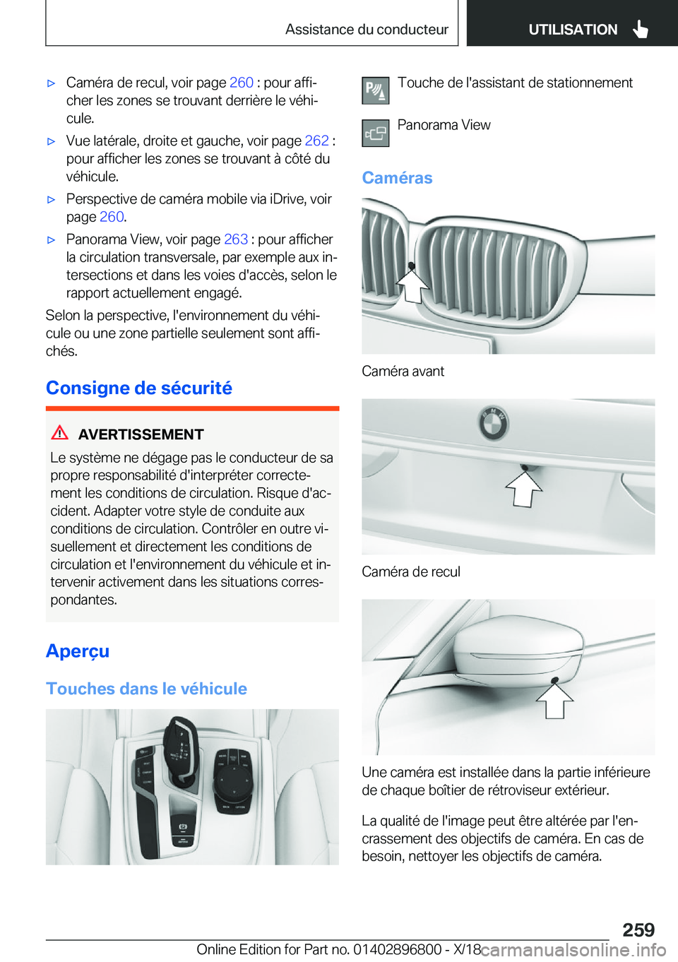 BMW 7 SERIES 2019  Notices Demploi (in French) 'x�C�a�m�é�r�a��d�e��r�e�c�u�l�,��v�o�i�r��p�a�g�e��2�6�0��:��p�o�u�r��a�f�f�ij
�c�h�e�r��l�e�s��z�o�n�e�s��s�e��t�r�o�u�v�a�n�t��d�e�r�r�i�è�r�e��l�e��v�é�h�ij
�c�u�l�e�.'