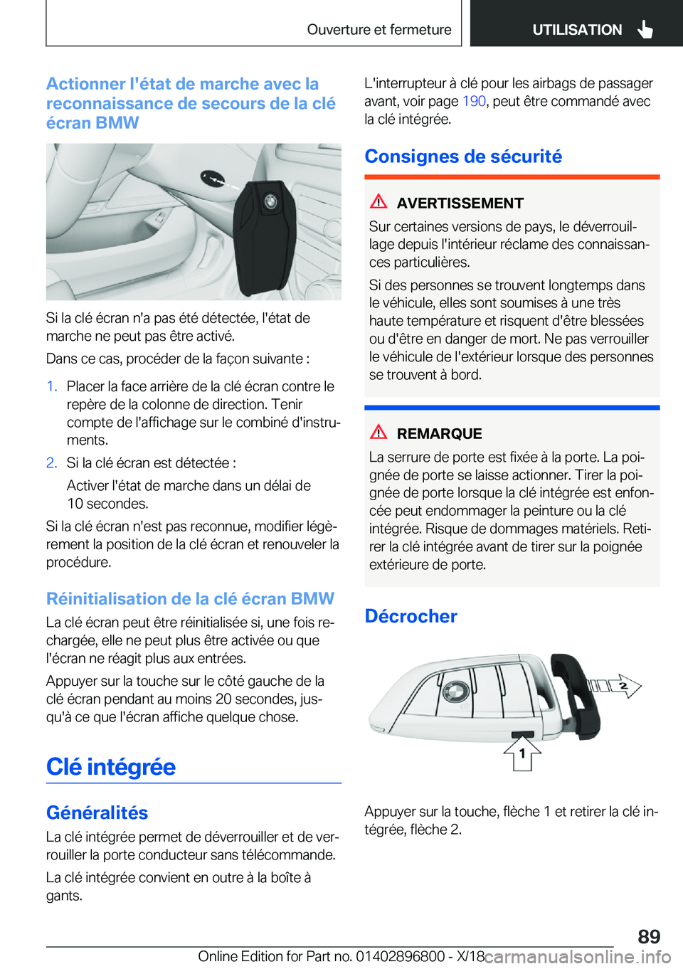 BMW 7 SERIES 2019  Notices Demploi (in French) �A�c�t�i�o�n�n�e�r��l�'�é�t�a�t��d�e��m�a�r�c�h�e��a�v�e�c��l�a
�r�e�c�o�n�n�a�i�s�s�a�n�c�e��d�e��s�e�c�o�u�r�s��d�e��l�a��c�l�é
�é�c�r�a�n��B�M�W
�S�i��l�a��c�l�é��é�c�r�a�n�