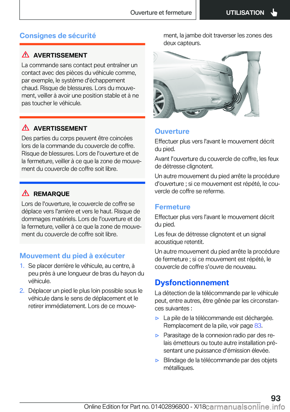 BMW 7 SERIES 2019  Notices Demploi (in French) �C�o�n�s�i�g�n�e�s��d�e��s�é�c�u�r�i�t�é
�A�V�E�R�T�I�S�S�E�M�E�N�T
�L�a��c�o�m�m�a�n�d�e��s�a�n�s��c�o�n�t�a�c�t��p�e�u�t��e�n�t�r�a�î�n�e�r��u�n
�c�o�n�t�a�c�t��a�v�e�c��d�e�s��p�i�è�