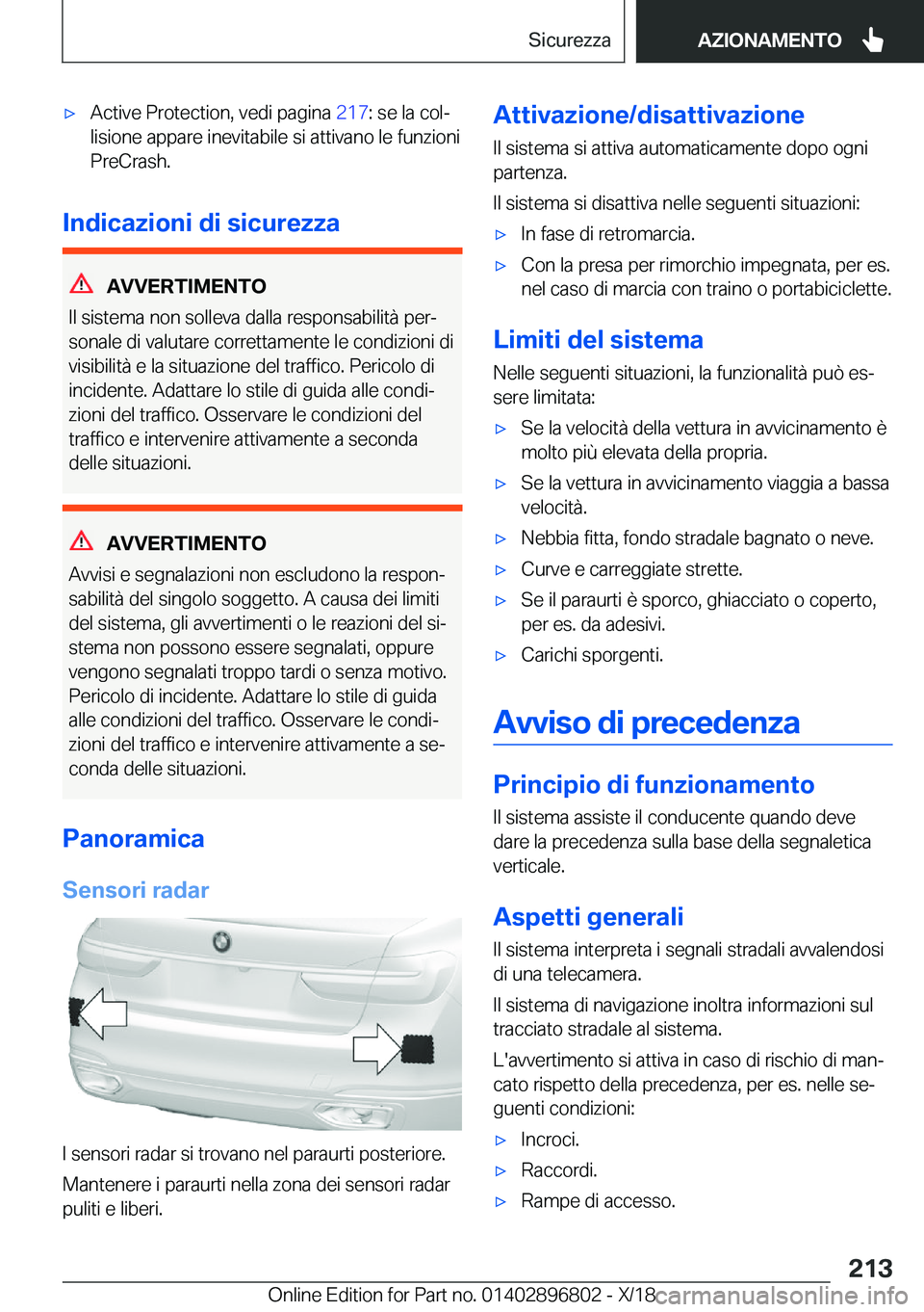 BMW 7 SERIES 2019  Libretti Di Uso E manutenzione (in Italian) 'x�A�c�t�i�v�e��P�r�o�t�e�c�t�i�o�n�,��v�e�d�i��p�a�g�i�n�a��2�1�7�:��s�e��l�a��c�o�lj
�l�i�s�i�o�n�e��a�p�p�a�r�e��i�n�e�v�i�t�a�b�i�l�e��s�i��a�t�t�i�v�a�n�o��l�e��f�u�n�z�i�o�n�i

