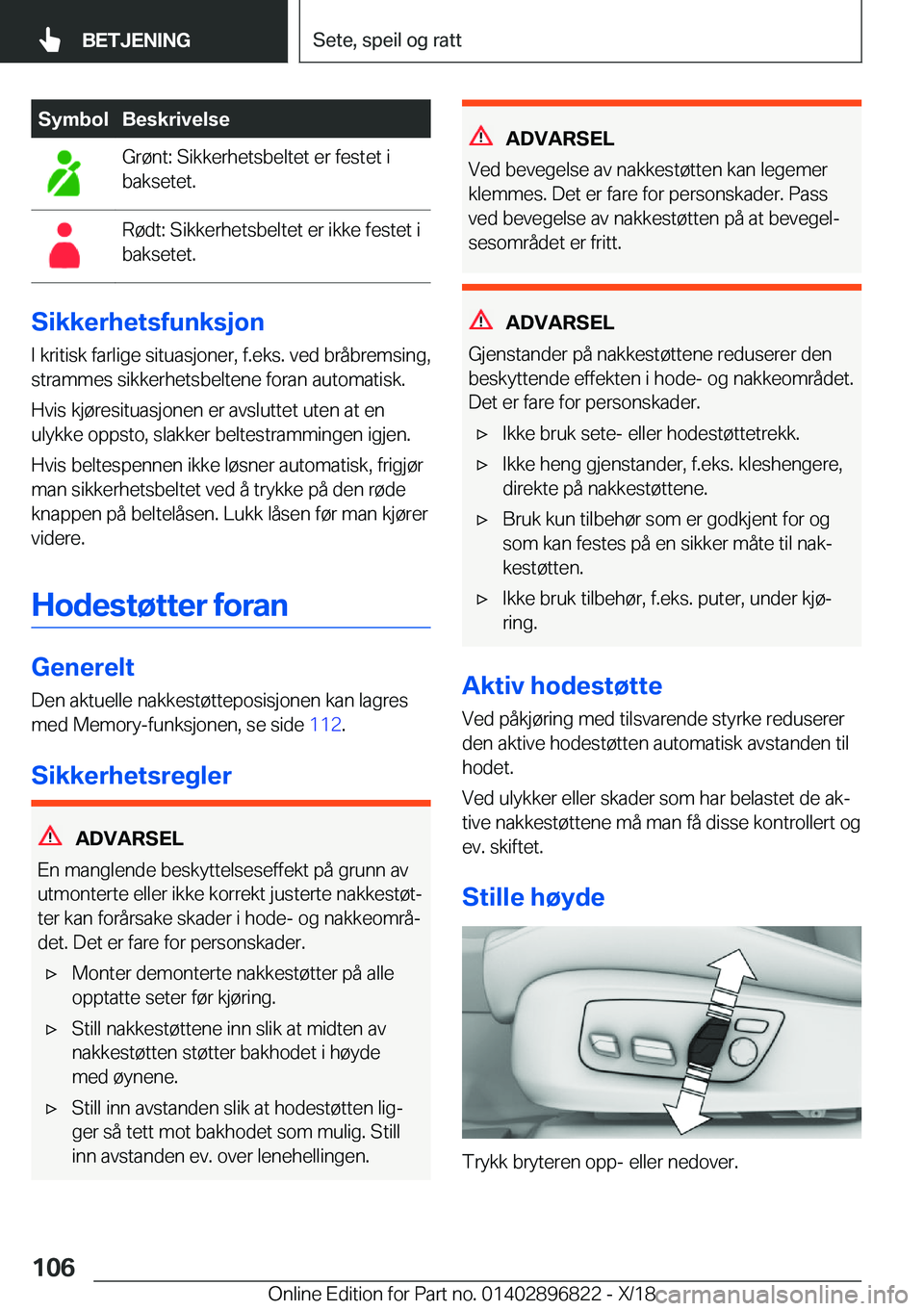 BMW 7 SERIES 2019  InstruksjonsbØker (in Norwegian) �S�y�m�b�o�l�B�e�s�k�r�i�v�e�l�s�e�G�r�