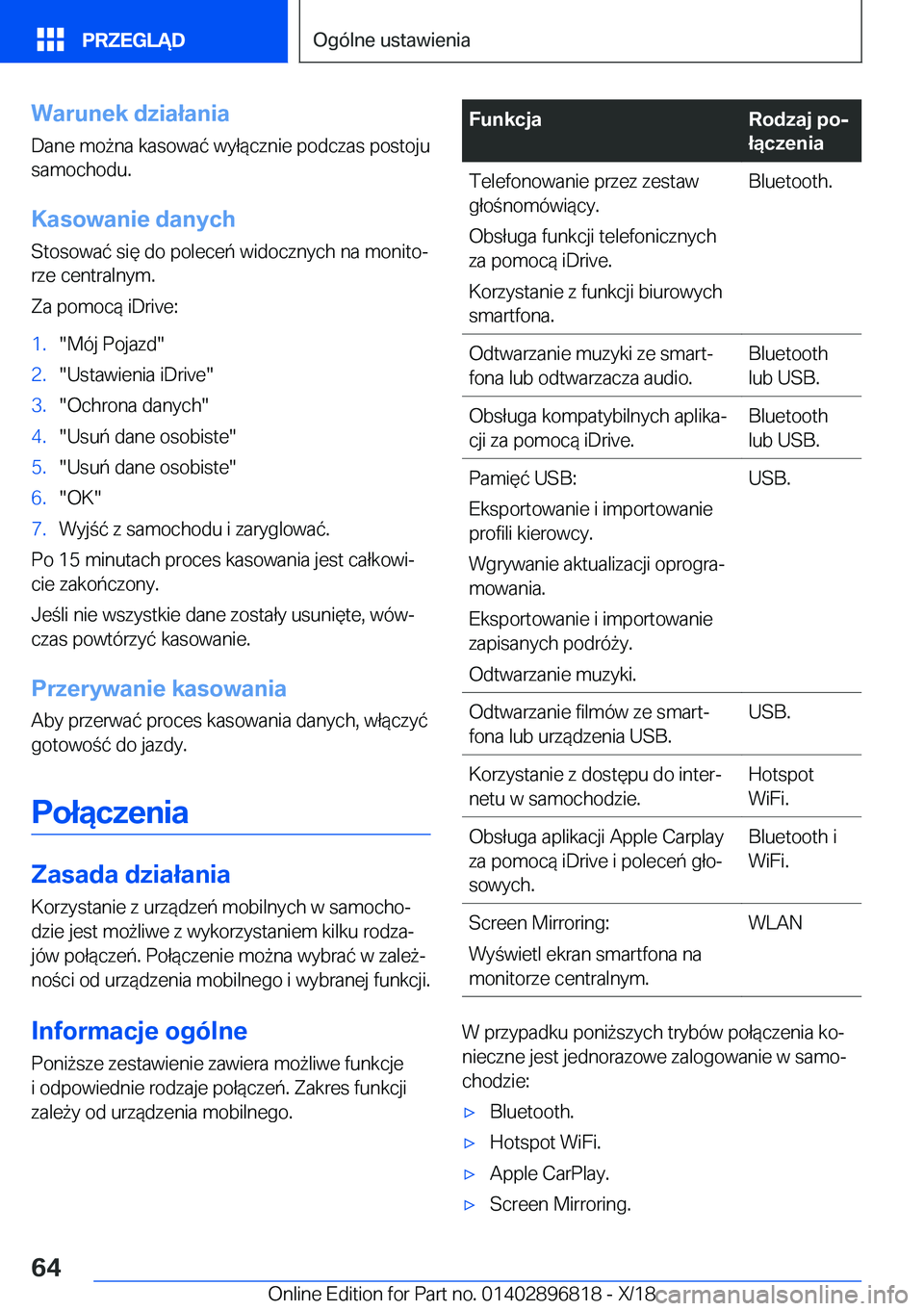 BMW 7 SERIES 2019  Instrukcja obsługi (in Polish) �W�a�r�u�n�e�k��d�z�i�a�ł�a�n�i�a�D�a�n�e��m�o9�n�a��k�a�s�o�w�a�