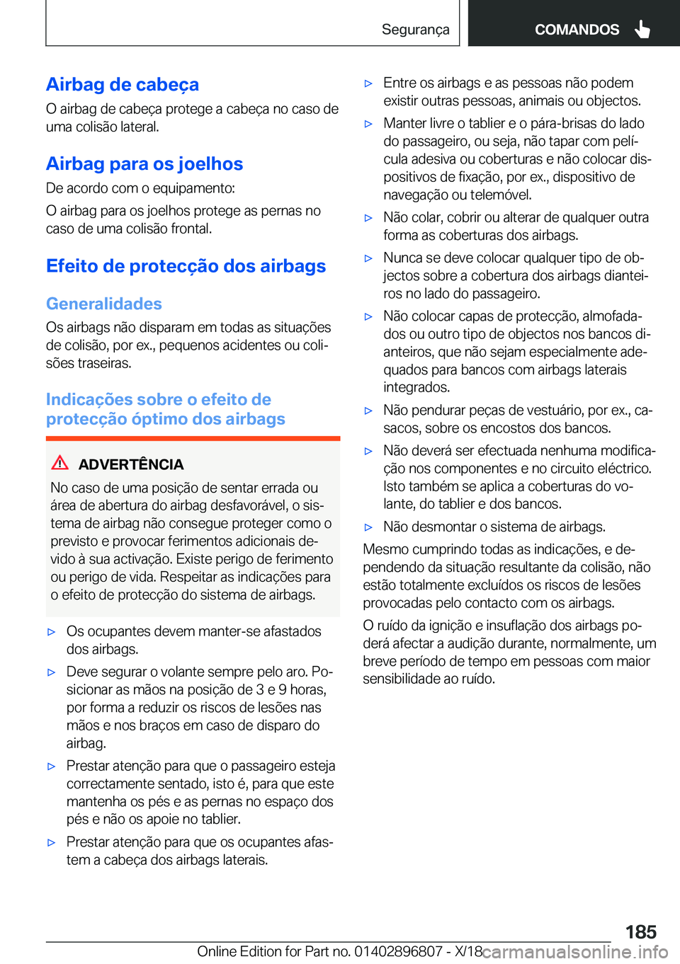 BMW 7 SERIES 2019  Manual do condutor (in Portuguese) �A�i�r�b�a�g��d�e��c�a�b�e�