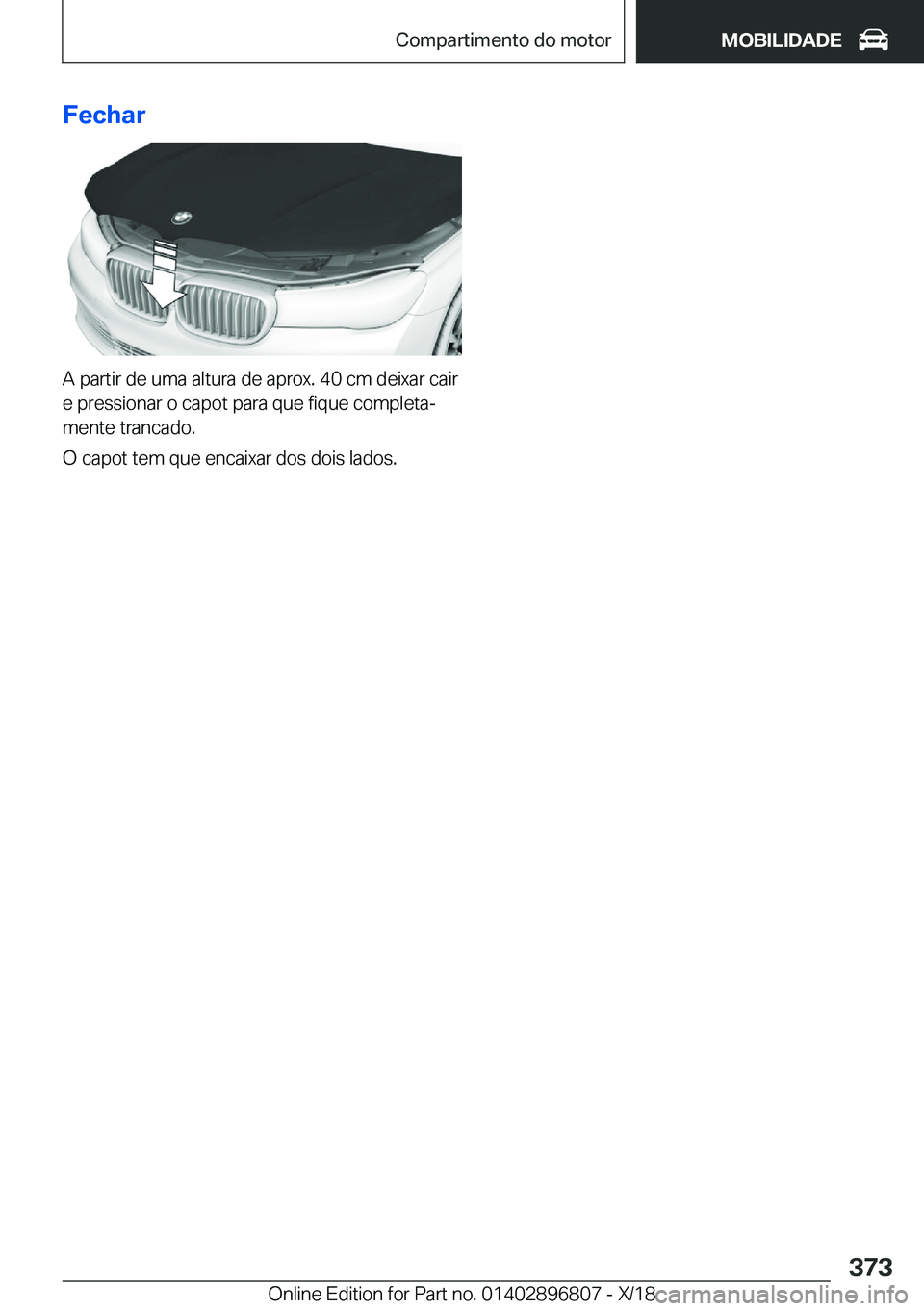 BMW 7 SERIES 2019  Manual do condutor (in Portuguese) �F�e�c�h�a�r
�A��p�a�r�t�i�r��d�e��u�m�a��a�l�t�u�r�a��d�e��a�p�r�o�x�.��4�0��c�m��d�e�i�x�a�r��c�a�i�r�e��p�r�e�s�s�i�o�n�a�r��o��c�a�p�o�t��p�a�r�a��q�u�e��f�i�q�u�e��c�o�m�p�l�e�t�