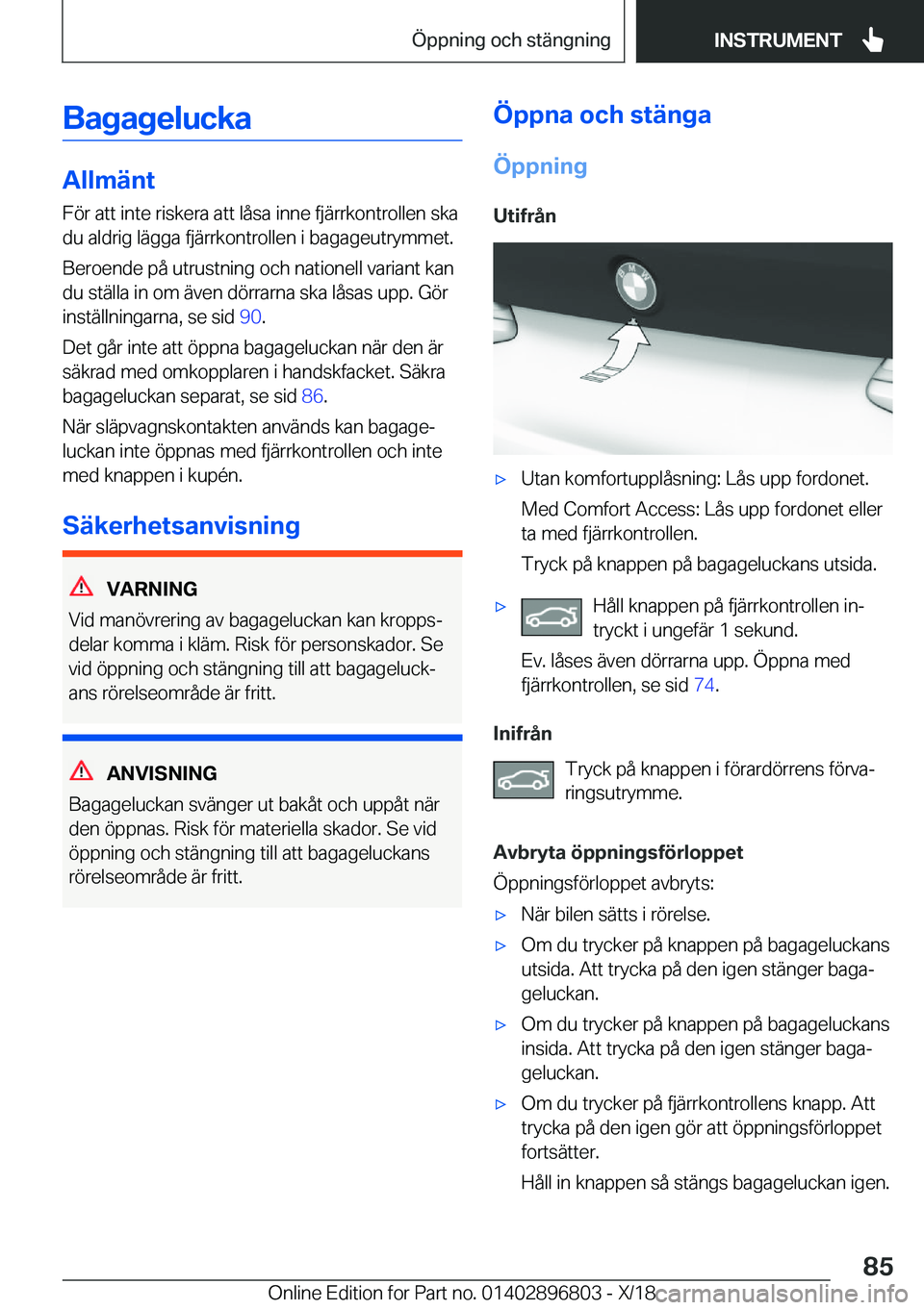 BMW 7 SERIES 2019  InstruktionsbÖcker (in Swedish) �B�a�g�a�g�e�l�u�c�k�a
�A�l�l�m�ä�n�t
�F�