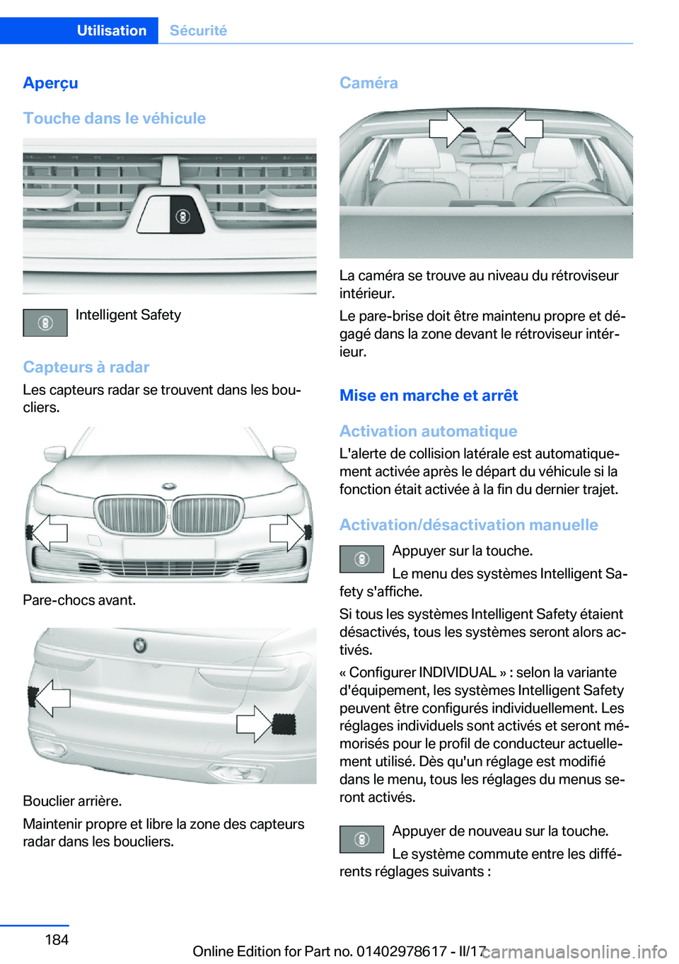 BMW 7 SERIES 2018  Notices Demploi (in French) �A�p�e�r�ç�u
�T�o�u�c�h�e��d�a�n�s��l�e��v�é�h�i�c�u�l�e
�I�n�t�e�l�l�i�g�e�n�t� �S�a�f�e�t�y
�C�a�p�t�e�u�r�s��