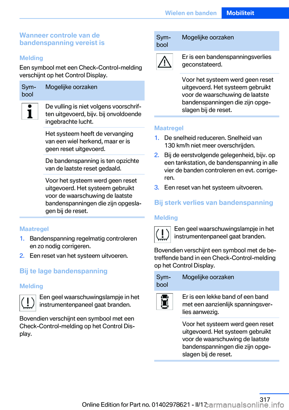BMW 7 SERIES 2018  Instructieboekjes (in Dutch) �W�a�n�n�e�e�r��c�o�n�t�r�o�l�e��v�a�n��d�e
�b�a�n�d�e�n�s�p�a�n�n�i�n�g��v�e�r�e�i�s�t��i�s
�M�e�l�d�i�n�g
�E�e�n� �s�y�m�b�o�o�l� �m�e�t� �e�e�n� �C�h�e�c�k�-�C�o�n�t�r�o�l�-�m�e�l�d�i�n�g
�v�e