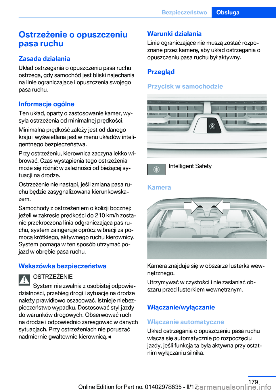 BMW 7 SERIES 2018  Instrukcja obsługi (in Polish) �O�s�t�r�z�e9�e�n�i�e��o��o�p�u�s�z�c�z�e�n�i�u
�p�a�s�a��r�u�c�h�u
�Z�a�s�a�d�a��d�z�i�a�ł�a�n�i�a
�U�k�ł�a�d� �o�s�t�r�z�e�g�a�n�i�a� �o� �o�p�u�s�z�c�z�e�n�i�u� �p�a�s�a� �r�u�c�h�u
�o�s�t�r