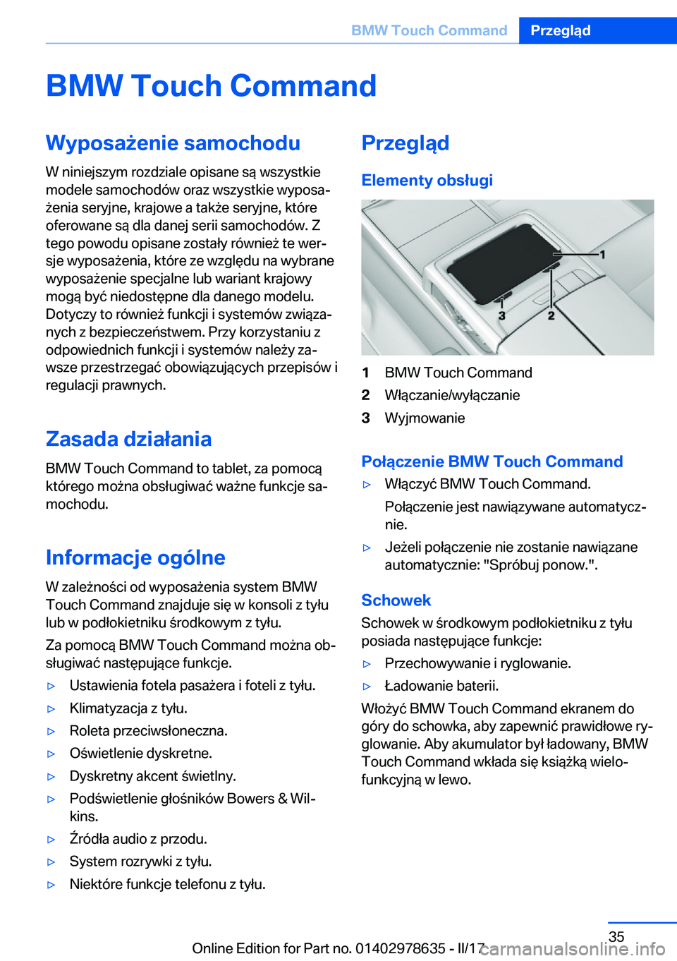 BMW 7 SERIES 2018  Instrukcja obsługi (in Polish) �B�M�W��T�o�u�c�h��C�o�m�m�a�n�d�W�y�p�o�s�a9�e�n�i�e��s�a�m�o�c�h�o�d�u
�W� �n�i�n�i�e�j�s�z�y�m� �r�o�z�d�z�i�a�l�e� �o�p�i�s�a�n�e� �s�