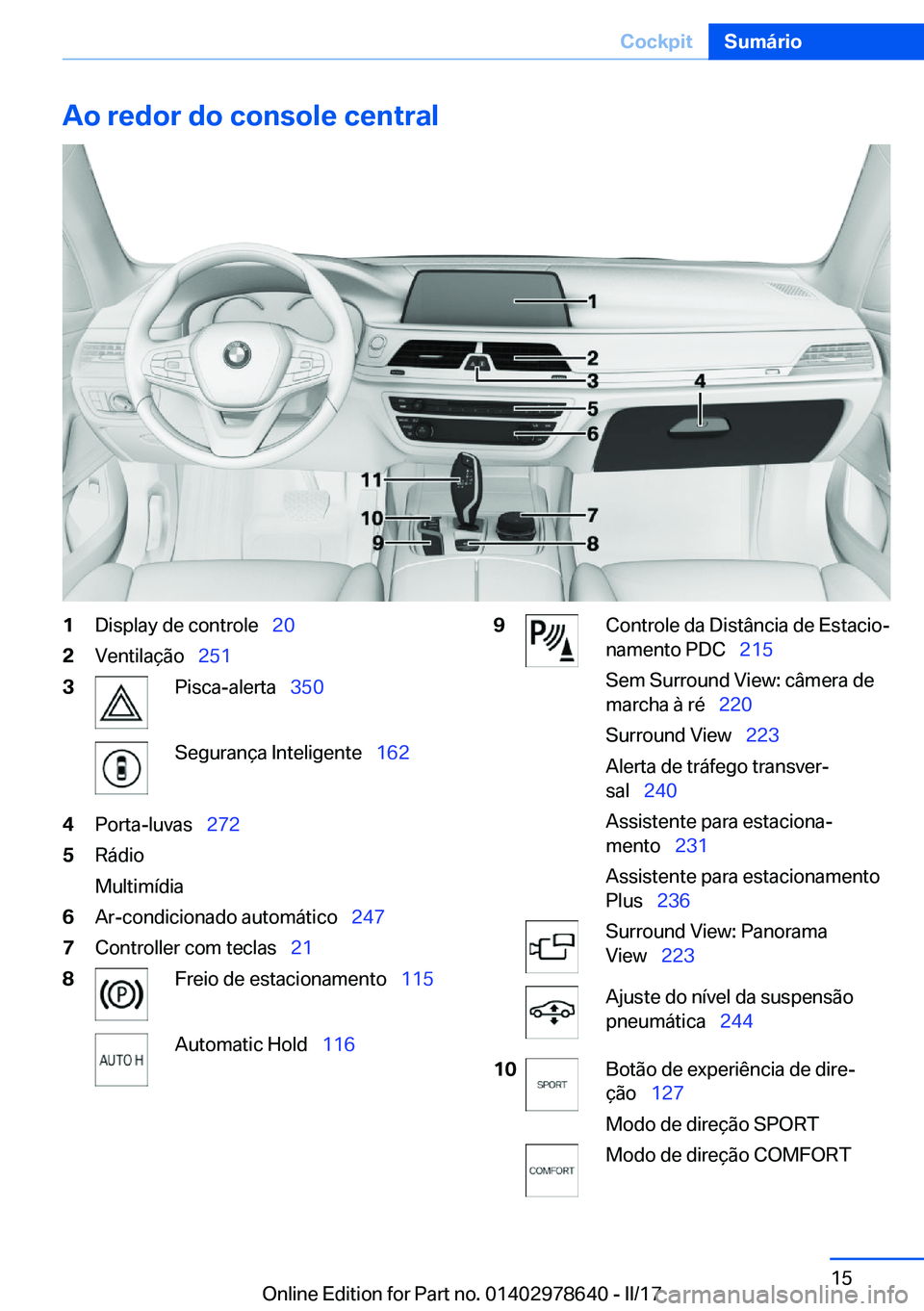BMW 7 SERIES 2018  Manual do condutor (in Portuguese) �A�o��r�e�d�o�r��d�o��c�o�n�s�o�l�e��c�e�n�t�r�a�l�1�D�i�s�p�l�a�y� �d�e� �c�o�n�t�r�o�l�e\_�2�0�2�V�e�n�t�i�l�a�ç�ã�o\_�2�5�1�3�P�i�s�c�a�-�a�l�e�r�t�a\_ �3�5�0�S�e�g�u�r�a�n�ç�a� �I�n�t