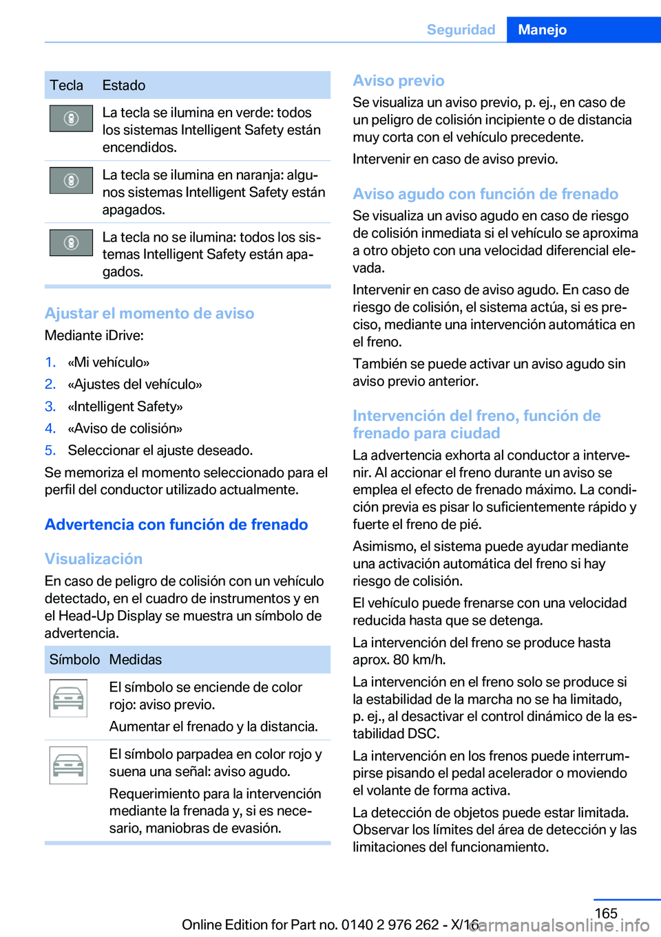 BMW 7 SERIES 2017  Manuales de Empleo (in Spanish) �T�e�c�l�a�E�s�t�a�d�o�L�a� �t�e�c�l�a� �s�e� �i�l�u�m�i�n�a� �e�n� �v�e�r�d�e�:� �t�o�d�o�s
�l�o�s� �s�i�s�t�e�m�a�s� �I�n�t�e�l�l�i�g�e�n�t� �S�a�f�e�t�y� �e�s�t�á�n
�e�n�c�e�n�d�i�d�o�s�.�L�a� �t�