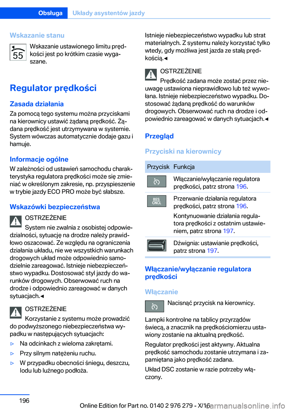 BMW 7 SERIES 2017  Instrukcja obsługi (in Polish) �W�s�k�a�z�a�n�i�e��s�t�a�n�u�W�s�k�a�z�a�n�i�e� �u�s�t�a�w�i�o�n�e�g�o� �l�i�m�i�t�u� �p�r�