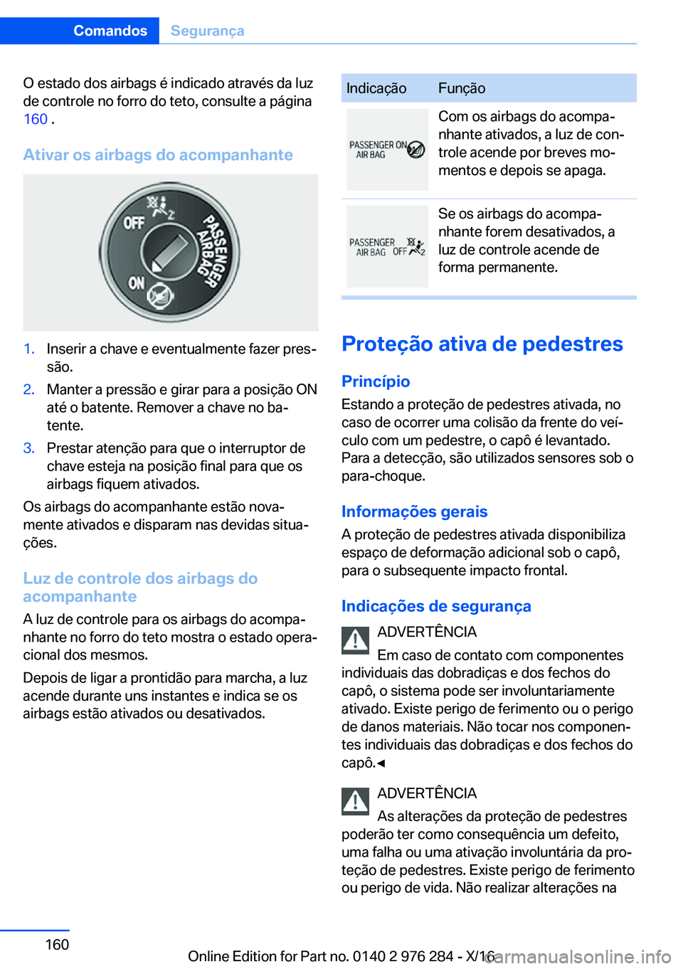 BMW 7 SERIES 2017  Manual do condutor (in Portuguese) �O� �e�s�t�a�d�o� �d�o�s� �a�i�r�b�a�g�s� �é� �i�n�d�i�c�a�d�o� �a�t�r�a�v�é�s� �d�a� �l�u�z�d�e� �c�o�n�t�r�o�l�e� �n�o� �f�o�r�r�o� �d�o� �t�e�t�o�,� �c�o�n�s�u�l�t�e� �a� �p�á�g�i�n�a
�1�6�0 � �