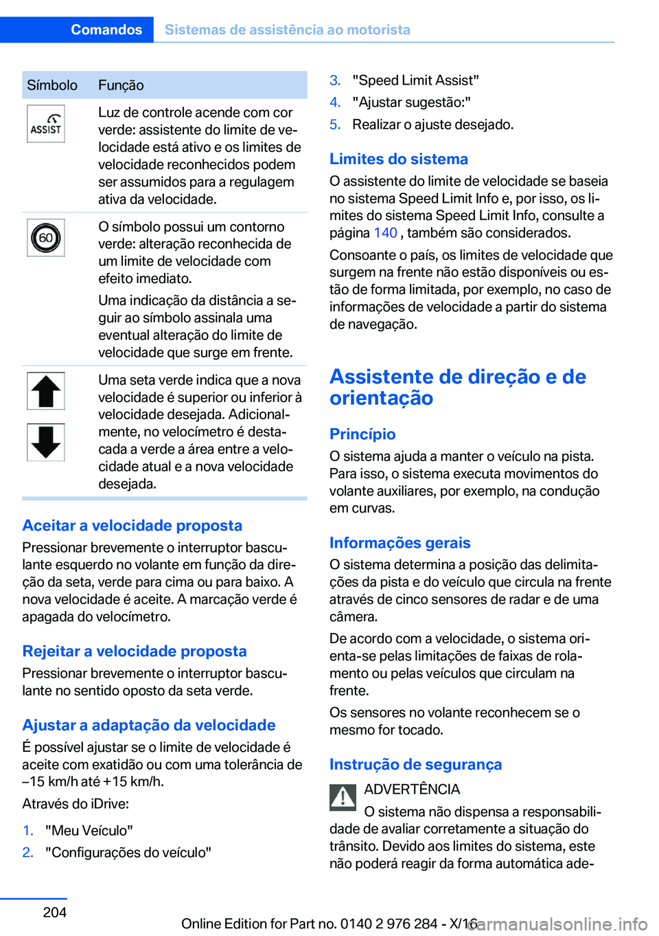 BMW 7 SERIES 2017  Manual do condutor (in Portuguese) �S�í�m�b�o�l�o�F�u�n�ç�ã�o�L�u�z� �d�e� �c�o�n�t�r�o�l�e� �a�c�e�n�d�e� �c�o�m� �c�o�r
�v�e�r�d�e�:� �a�s�s�i�s�t�e�n�t�e� �d�o� �l�i�m�i�t�e� �d�e� �v�eª
�l�o�c�i�d�a�d�e� �e�s�t�á� �a�t�i�v�o�