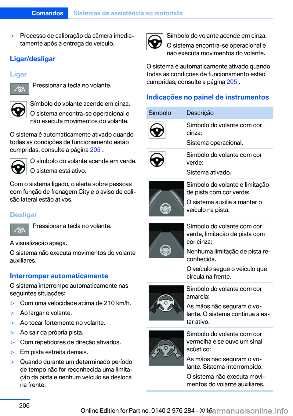 BMW 7 SERIES 2017  Manual do condutor (in Portuguese) 'y�P�r�o�c�e�s�s�o� �d�e� �c�a�l�i�b�r�a�ç�ã�o� �d�a� �c�â�m�e�r�a� �i�m�e�d�i�aª�t�a�m�e�n�t�e� �a�p�ó�s� �a� �e�n�t�r�e�g�a� �d�o� �v�e�í�c�u�l�o�.
�L�i�g�a�r�/�d�e�s�l�i�g�a�r
�L�i�g�a�r