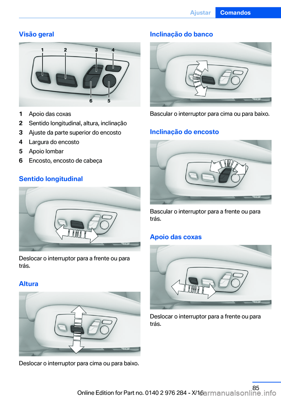 BMW 7 SERIES 2017  Manual do condutor (in Portuguese) �V�i�s�ã�o��g�e�r�a�l�1�A�p�o�i�o� �d�a�s� �c�o�x�a�s�2�S�e�n�t�i�d�o� �l�o�n�g�i�t�u�d�i�n�a�l�,� �a�l�t�u�r�a�,� �i�n�c�l�i�n�a�ç�ã�o�3�A�j�u�s�t�e� �d�a� �p�a�r�t�e� �s�u�p�e�r�i�o�r� �d�o� �e�