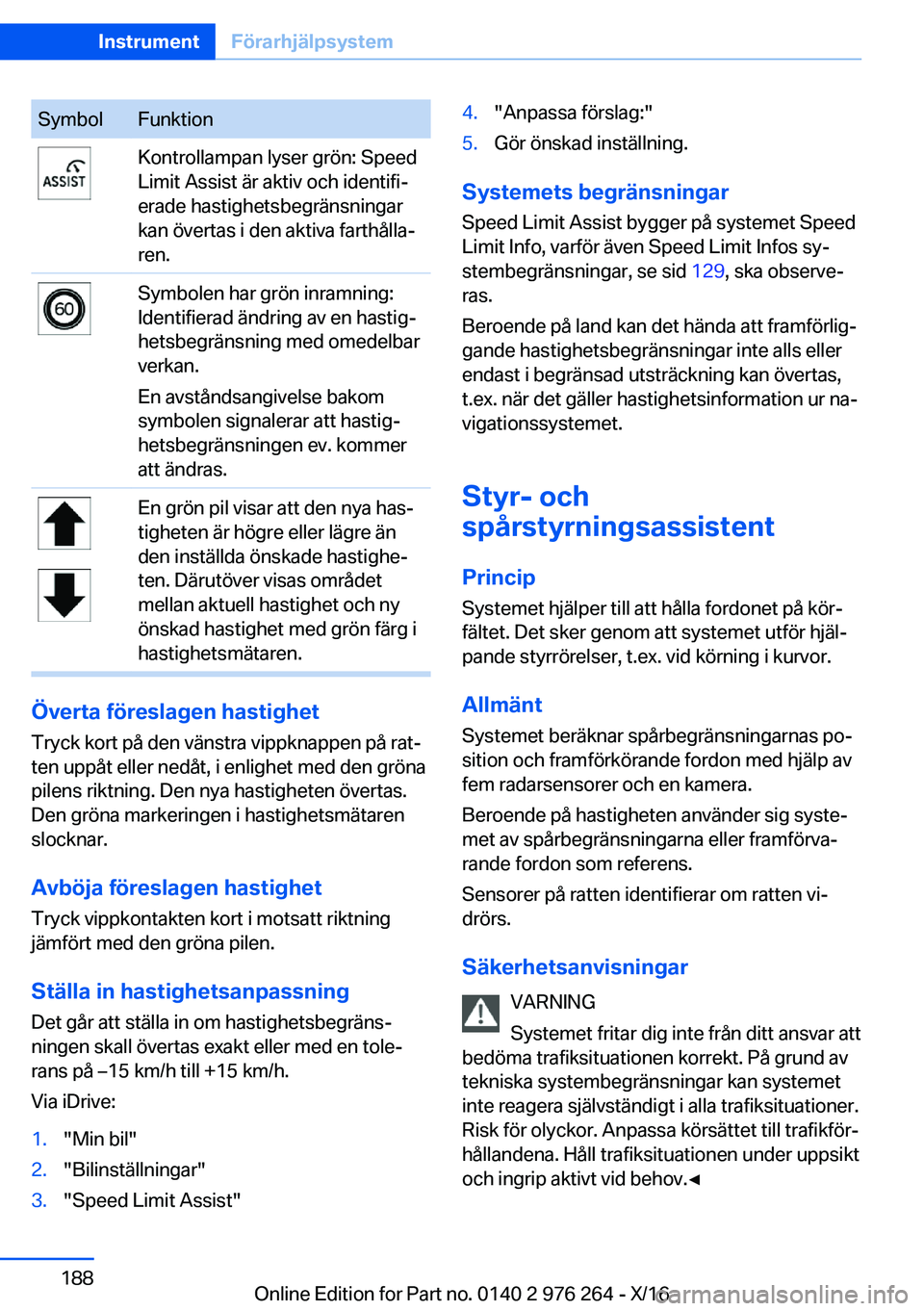 BMW 7 SERIES 2017  InstruktionsbÖcker (in Swedish) �S�y�m�b�o�l�F�u�n�k�t�i�o�n�K�o�n�t�r�o�l�l�a�m�p�a�n� �l�y�s�e�r� �g�r�ö�n�:� �S�p�e�e�d
�L�i�m�i�t� �A�s�s�i�s�t� �ä�r� �a�k�t�i�v� �o�c�h� �i�d�e�n�t�i�f�ij
�e�r�a�d�e� �h�a�s�t�i�g�h�e�t�s�b�e