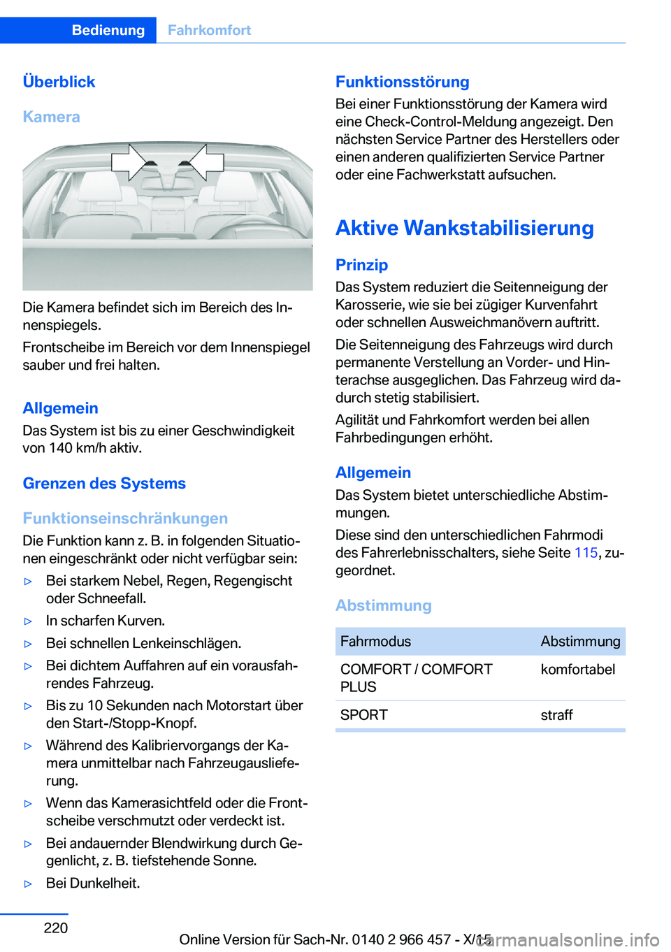 BMW 7 SERIES 2016 Betriebsanleitungen (in German) Überblick
Kamera
Die Kamera befindet sich im Bereich des In‐
nenspiegels.
Frontscheibe im Bereich vor dem Innenspiegel
sauber und frei halten.
Allgemein Das System ist bis zu einer Geschwindigkeit
BMW 7 SERIES 2016 Betriebsanleitungen (in German) Überblick
Kamera
Die Kamera befindet sich im Bereich des In‐
nenspiegels.
Frontscheibe im Bereich vor dem Innenspiegel
sauber und frei halten.
Allgemein Das System ist bis zu einer Geschwindigkeit