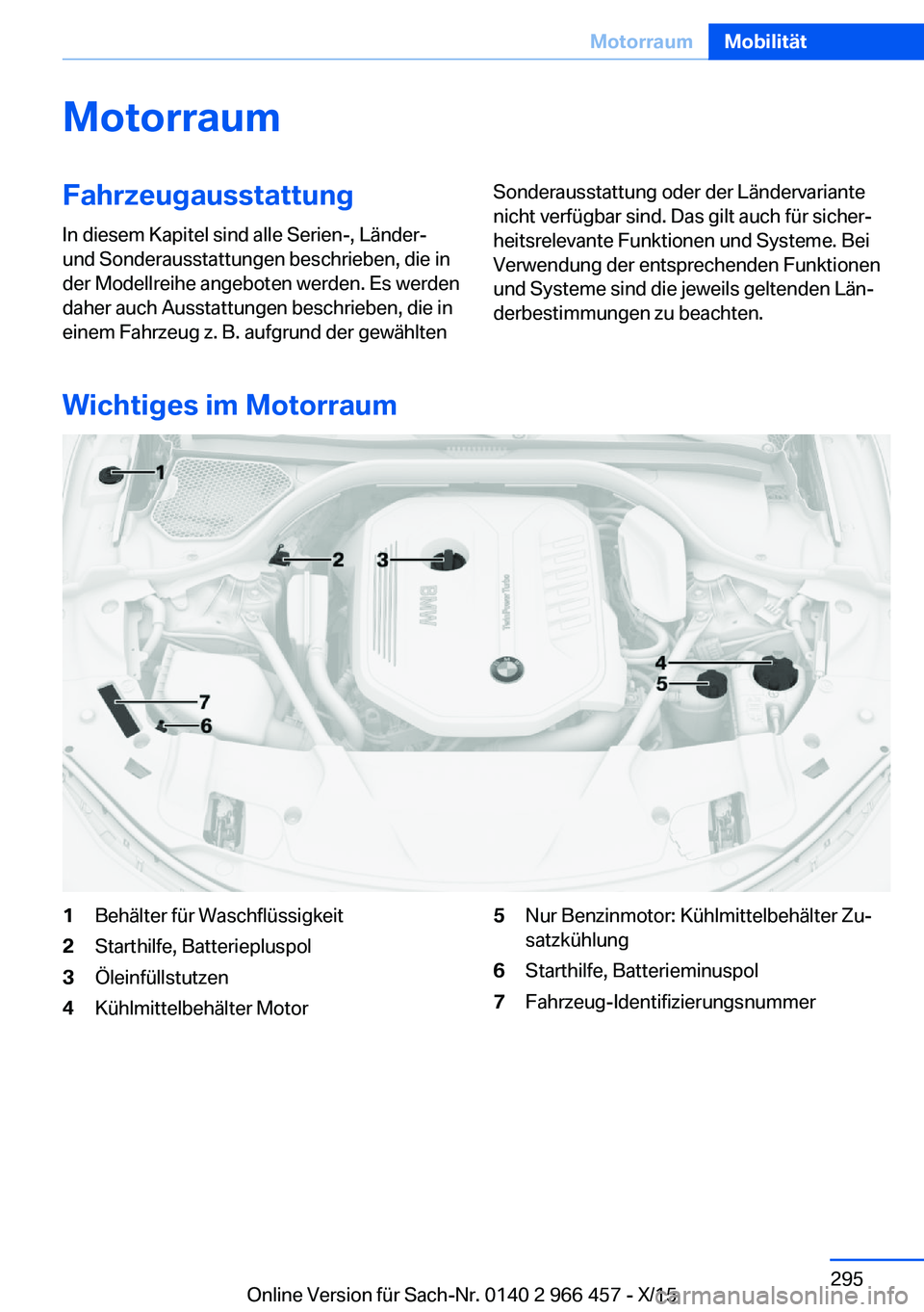 BMW 7 SERIES 2016 Betriebsanleitungen (in German) MotorraumFahrzeugausstattungIn diesem Kapitel sind alle Serien-, Länder-
und Sonderausstattungen beschrieben, die in
der Modellreihe angeboten werden. Es werden
daher auch Ausstattungen beschrieben, BMW 7 SERIES 2016 Betriebsanleitungen (in German) MotorraumFahrzeugausstattungIn diesem Kapitel sind alle Serien-, Länder-
und Sonderausstattungen beschrieben, die in
der Modellreihe angeboten werden. Es werden
daher auch Ausstattungen beschrieben,