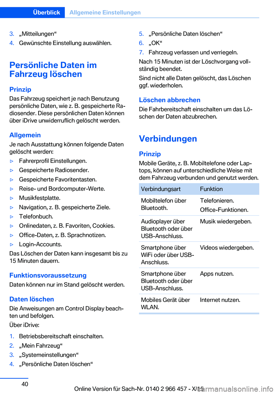 BMW 7 SERIES 2016  Betriebsanleitungen (in German) 3.„Mitteilungen“4.Gewünschte Einstellung auswählen.
Persönliche Daten im
Fahrzeug löschen
Prinzip Das Fahrzeug speichert je nach Benutzung
persönliche Daten, wie z. B. gespeicherte Ra‐
dios