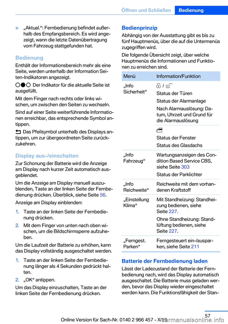 BMW 7 SERIES 2016 Betriebsanleitungen (in German) ▷„Aktual.“: Fernbedienung befindet außer‐
halb des Empfangsbereich. Es wird ange‐
zeigt, wann die letzte Datenübertragung
vom Fahrzeug stattgefunden hat.
Bedienung
Enthält der Information BMW 7 SERIES 2016 Betriebsanleitungen (in German) ▷„Aktual.“: Fernbedienung befindet außer‐
halb des Empfangsbereich. Es wird ange‐
zeigt, wann die letzte Datenübertragung
vom Fahrzeug stattgefunden hat.
Bedienung
Enthält der Information