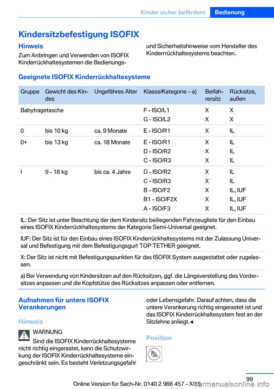 BMW 7 SERIES 2016  Betriebsanleitungen (in German) Kindersitzbefestigung ISOFIXHinweis
Zum Anbringen und Verwenden von ISOFIX
Kinderrückhaltesystemen die Bedienungs-und Sicherheitshinweise vom Hersteller des
Kinderrrückhaltesystems beachten.
Geeigne