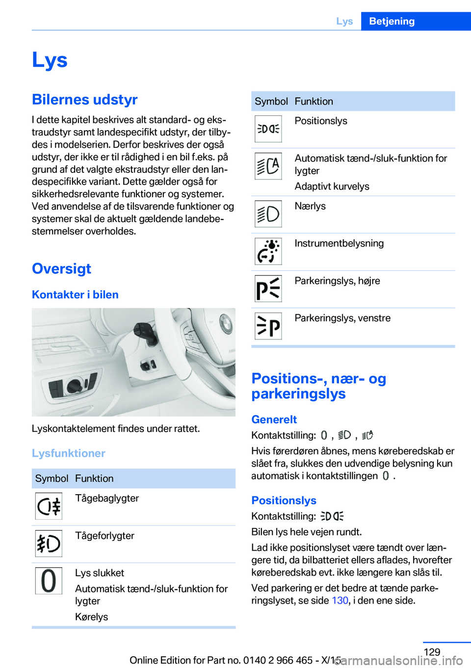 BMW 7 SERIES 2016  InstruktionsbØger (in Danish) LysBilernes udstyrI dette kapitel beskrives alt standard- og eks‐
traudstyr samt landespecifikt udstyr, der tilby‐
des i modelserien. Derfor beskrives der også
udstyr, der ikke er til rådighed i