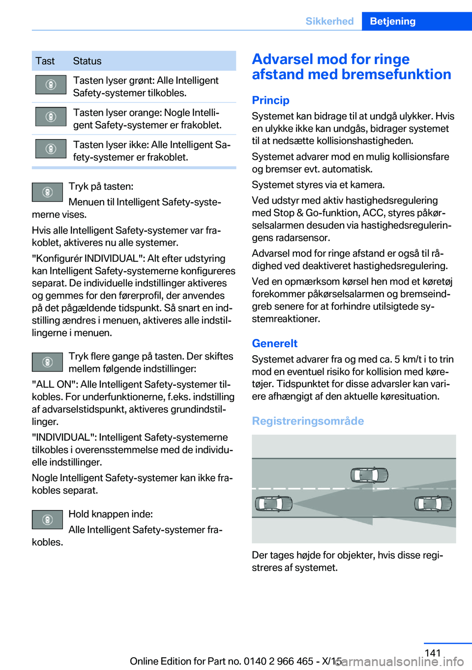 BMW 7 SERIES 2016 InstruktionsbØger (in Danish) TastStatusTasten lyser grønt: Alle Intelligent
Safety-systemer tilkobles.Tasten lyser orange: Nogle Intelli‐
gent Safety-systemer er frakoblet.Tasten lyser ikke: Alle Intelligent Sa‐
fety-systeme BMW 7 SERIES 2016 InstruktionsbØger (in Danish) TastStatusTasten lyser grønt: Alle Intelligent
Safety-systemer tilkobles.Tasten lyser orange: Nogle Intelli‐
gent Safety-systemer er frakoblet.Tasten lyser ikke: Alle Intelligent Sa‐
fety-systeme
