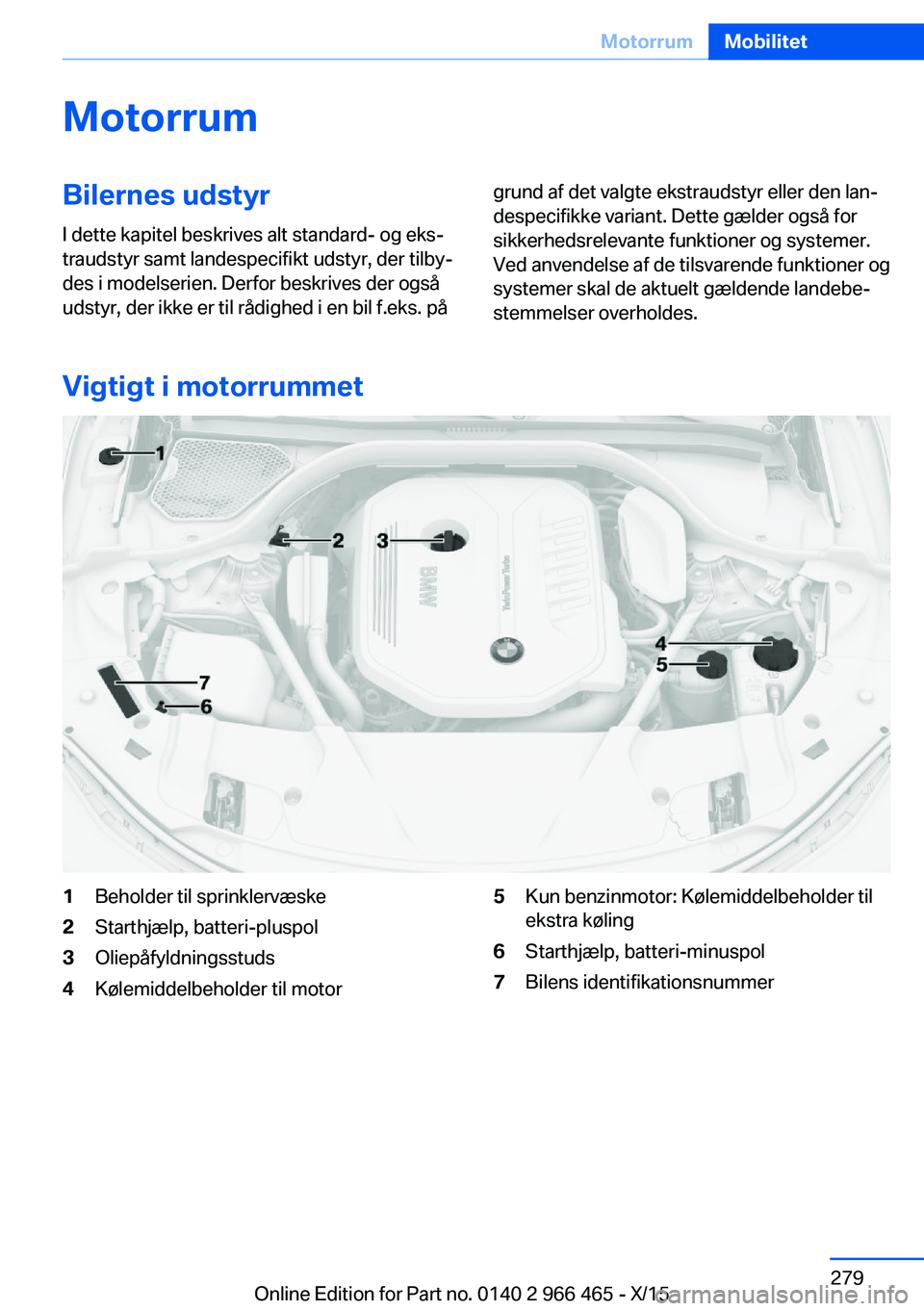 BMW 7 SERIES 2016  InstruktionsbØger (in Danish) MotorrumBilernes udstyrI dette kapitel beskrives alt standard- og eks‐
traudstyr samt landespecifikt udstyr, der tilby‐
des i modelserien. Derfor beskrives der også
udstyr, der ikke er til rådig