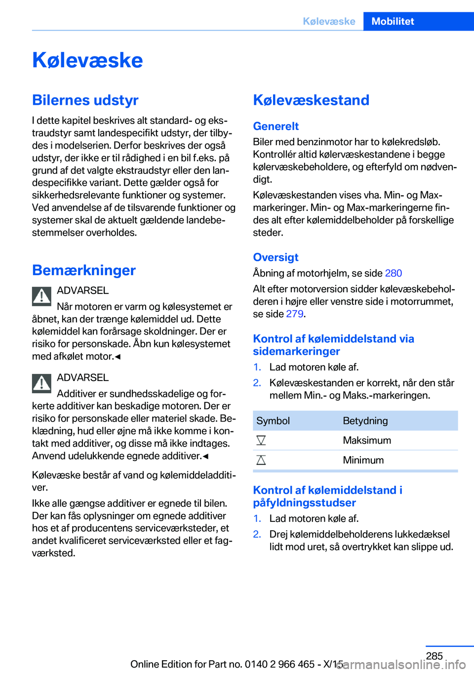 BMW 7 SERIES 2016  InstruktionsbØger (in Danish) KølevæskeBilernes udstyr
I dette kapitel beskrives alt standard- og eks‐
traudstyr samt landespecifikt udstyr, der tilby‐
des i modelserien. Derfor beskrives der også
udstyr, der ikke er til r