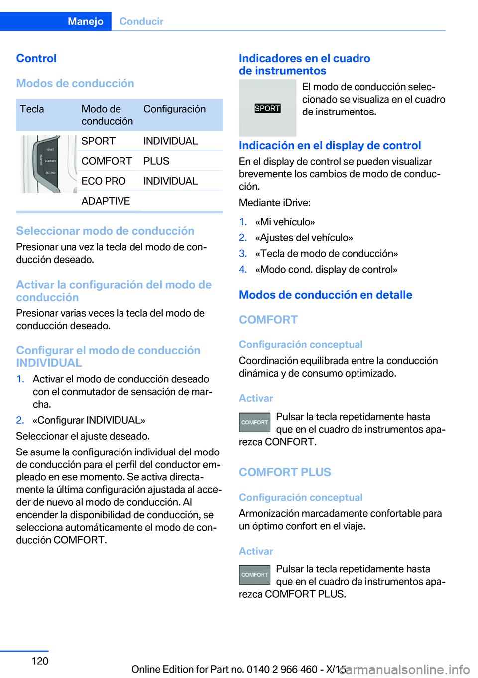 BMW 7 SERIES 2016  Manuales de Empleo (in Spanish) Control
Modos de conducciónTeclaModo de
conducciónConfiguraciónSPORTINDIVIDUALCOMFORTPLUSECO PROINDIVIDUALADAPTIVE
Seleccionar modo de conducción
Presionar una vez la tecla del modo de con‐
ducc