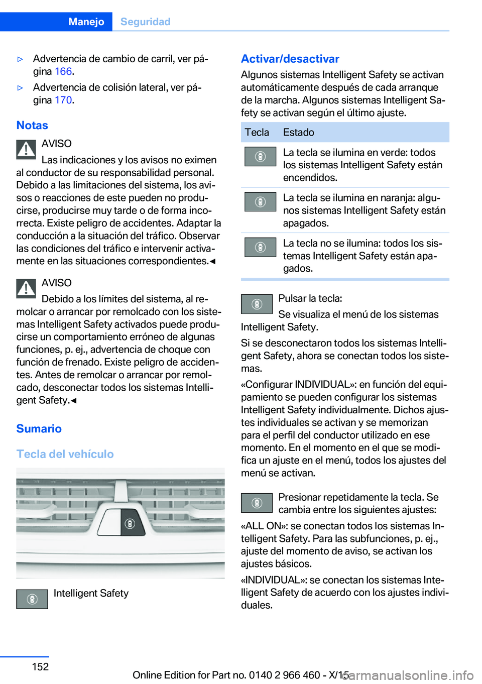 BMW 7 SERIES 2016  Manuales de Empleo (in Spanish) ▷Advertencia de cambio de carril, ver pá‐
gina  166.▷Advertencia de colisión lateral, ver pá‐
gina  170.
Notas
AVISO
Las indicaciones y los avisos no eximen
al conductor de su responsabilid