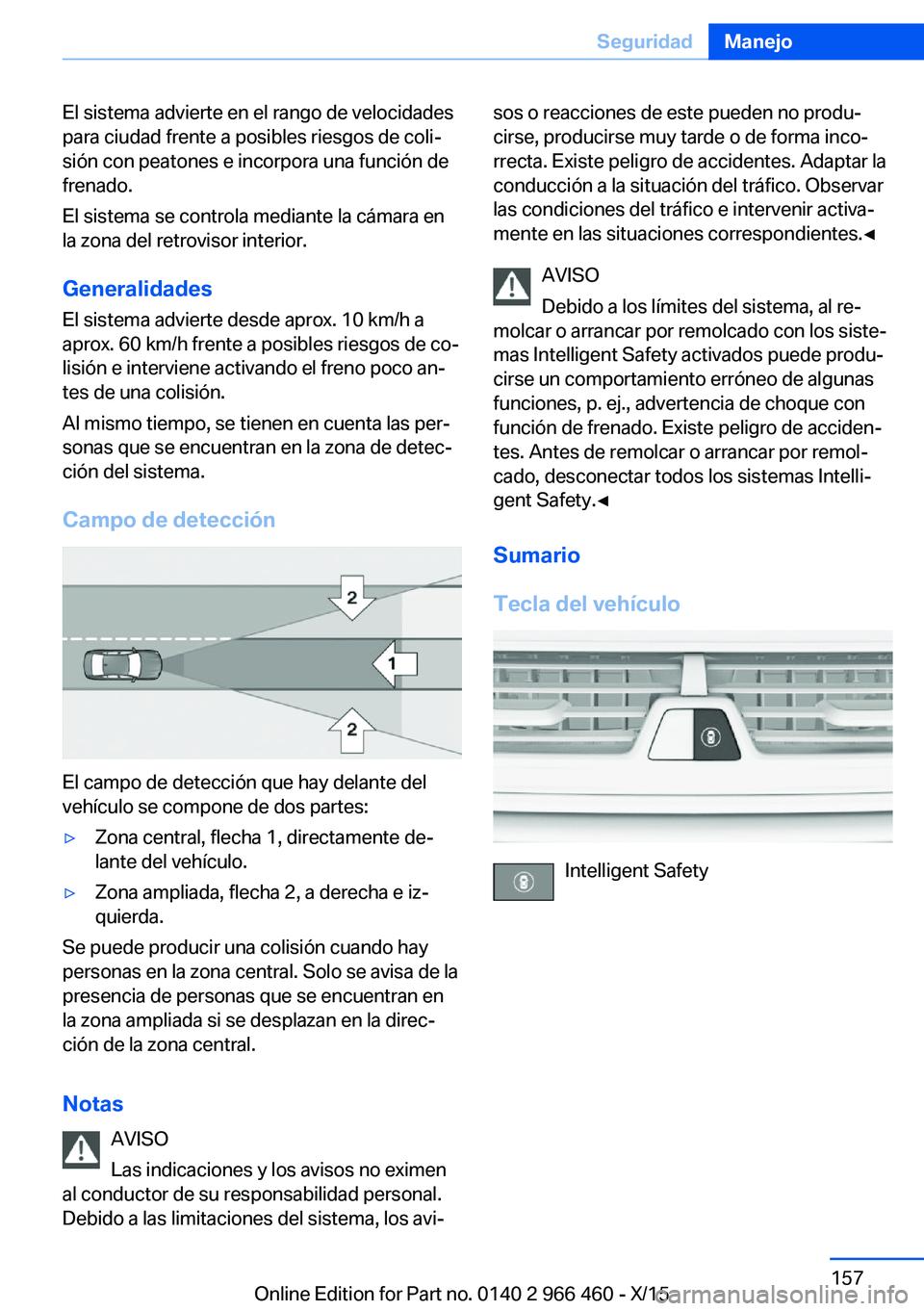 BMW 7 SERIES 2016  Manuales de Empleo (in Spanish) El sistema advierte en el rango de velocidades
para ciudad frente a posibles riesgos de coli‐
sión con peatones e incorpora una función de
frenado.
El sistema se controla mediante la cámara en
la