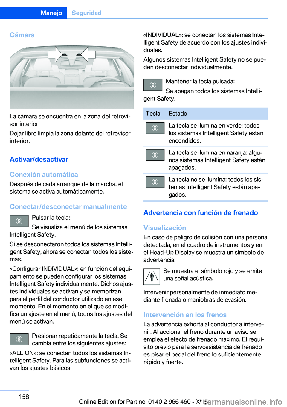 BMW 7 SERIES 2016  Manuales de Empleo (in Spanish) Cámara
La cámara se encuentra en la zona del retrovi‐
sor interior.
Dejar libre limpia la zona delante del retrovisor
interior.
Activar/desactivar
Conexión automática Después de cada arranque d