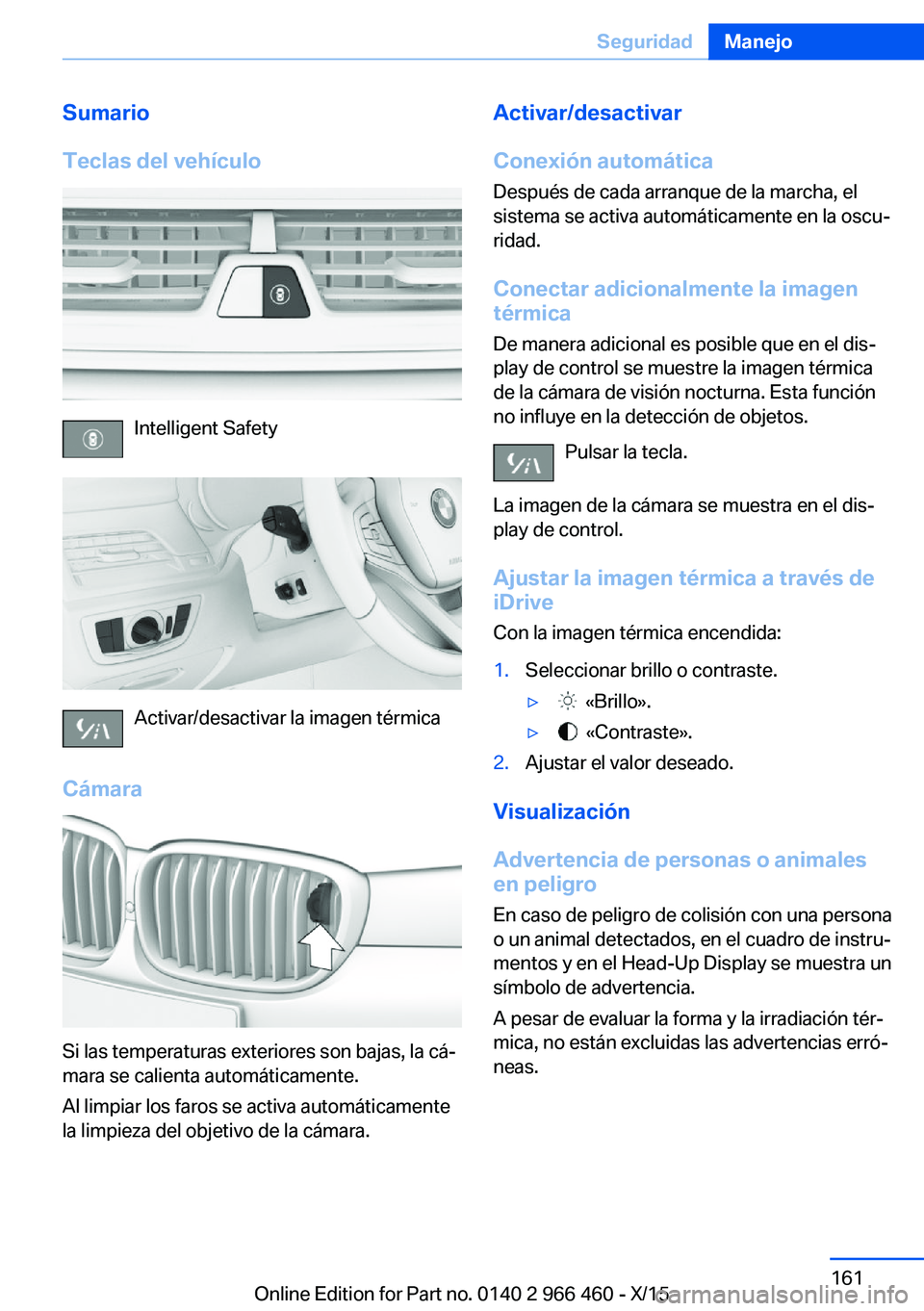 BMW 7 SERIES 2016  Manuales de Empleo (in Spanish) Sumario
Teclas del vehículo
Intelligent Safety
Activar/desactivar la imagen térmica
Cámara
Si las temperaturas exteriores son bajas, la cá‐
mara se calienta automáticamente.
Al limpiar los faro