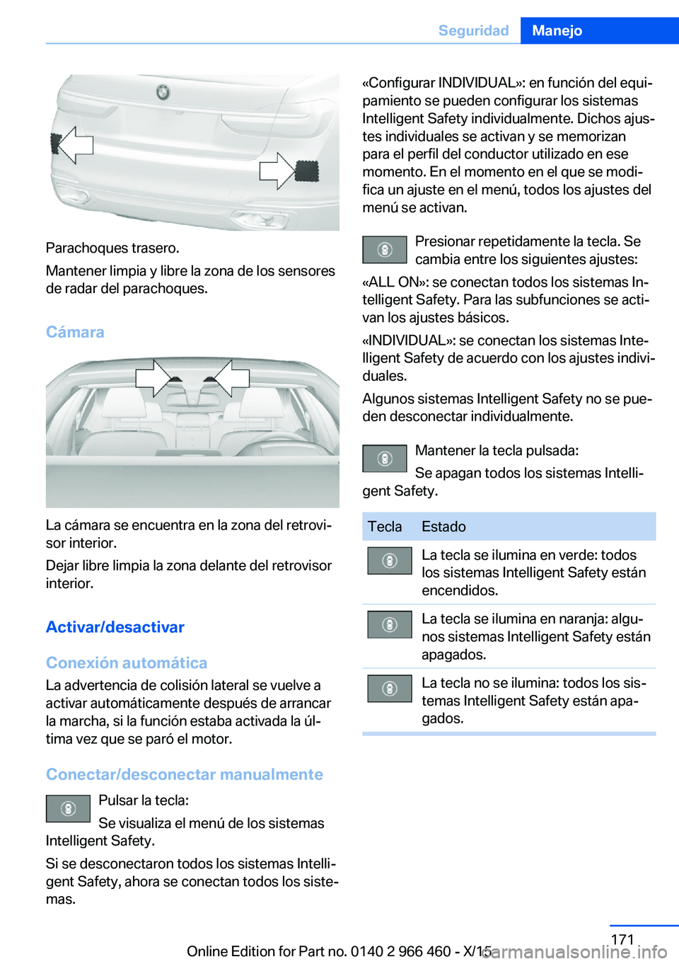 BMW 7 SERIES 2016  Manuales de Empleo (in Spanish) Parachoques trasero.
Mantener limpia y libre la zona de los sensores
de radar del parachoques.
Cámara
La cámara se encuentra en la zona del retrovi‐
sor interior.
Dejar libre limpia la zona delant