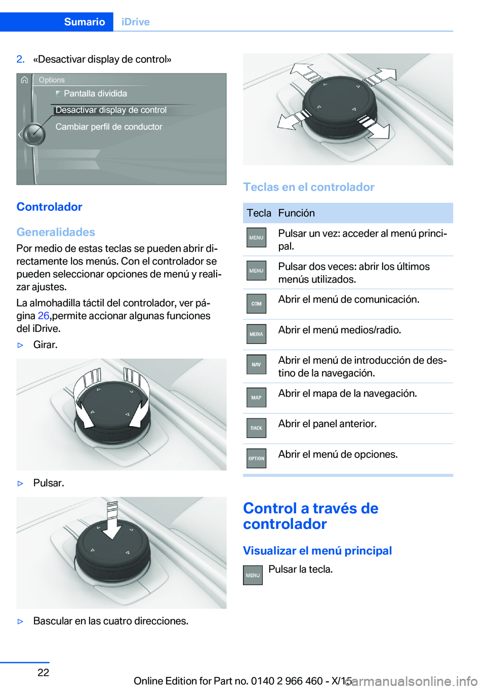 BMW 7 SERIES 2016  Manuales de Empleo (in Spanish) 2.«Desactivar display de control»
Controlador
Generalidades
Por medio de estas teclas se pueden abrir di‐
rectamente los menús. Con el controlador se
pueden seleccionar opciones de menú y reali�