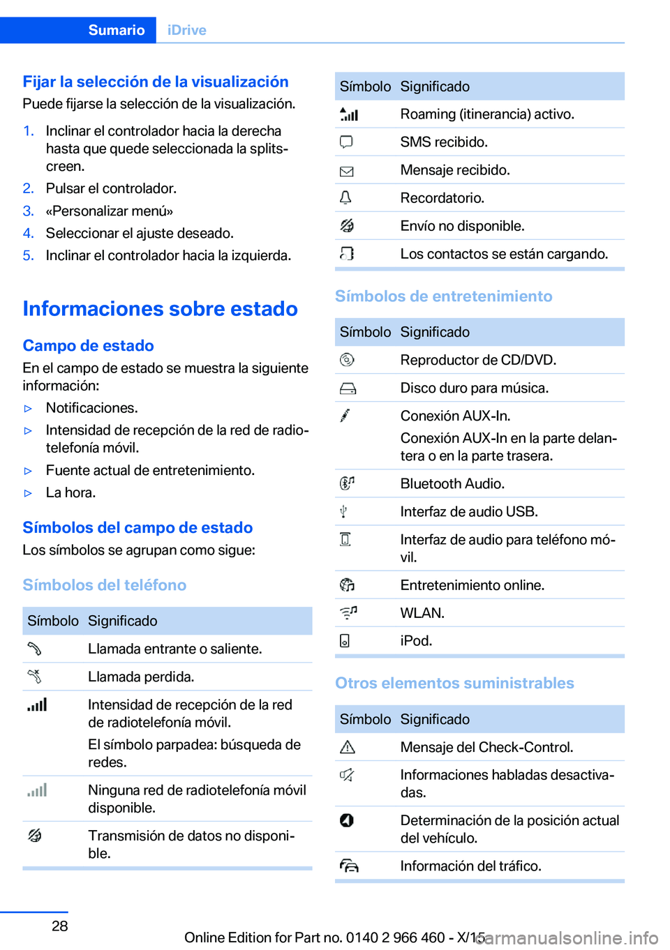 BMW 7 SERIES 2016 Manuales de Empleo (in Spanish) Fijar la selección de la visualización
Puede fijarse la selección de la visualización.1.Inclinar el controlador hacia la derecha
hasta que quede seleccionada la splits‐
creen.2.Pulsar el control BMW 7 SERIES 2016 Manuales de Empleo (in Spanish) Fijar la selección de la visualización
Puede fijarse la selección de la visualización.1.Inclinar el controlador hacia la derecha
hasta que quede seleccionada la splits‐
creen.2.Pulsar el control