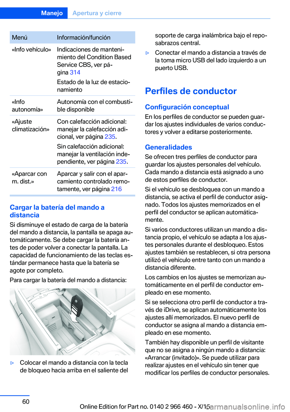 BMW 7 SERIES 2016 Manuales de Empleo (in Spanish) MenúInformación/función«Info vehículo»Indicaciones de manteni‐
miento del Condition Based
Service CBS, ver pá‐
gina 314
Estado de la luz de estacio‐
namiento«Info
autonomía»Autonomía BMW 7 SERIES 2016 Manuales de Empleo (in Spanish) MenúInformación/función«Info vehículo»Indicaciones de manteni‐
miento del Condition Based
Service CBS, ver pá‐
gina 314
Estado de la luz de estacio‐
namiento«Info
autonomía»Autonomía