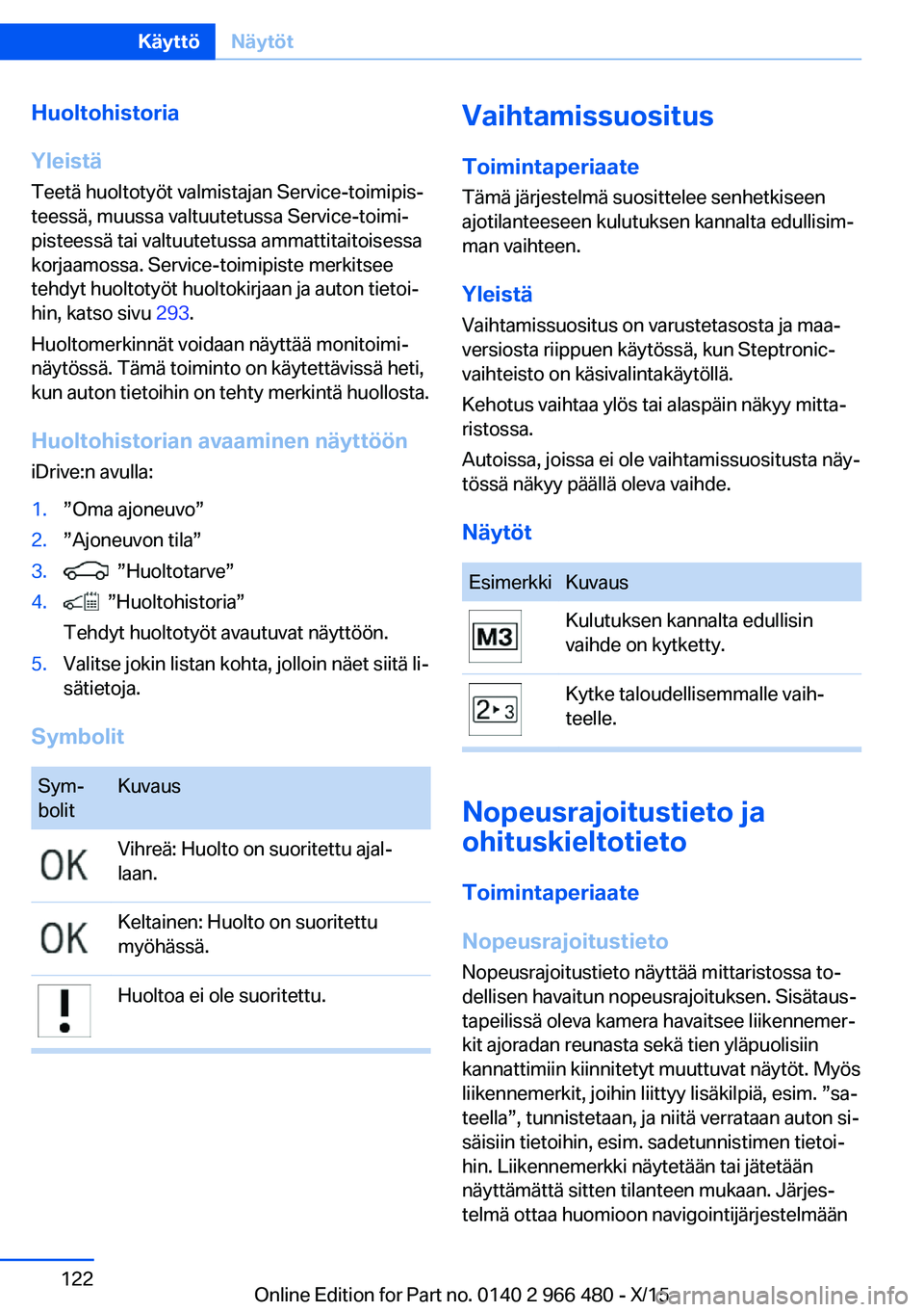 BMW 7 SERIES 2016 Omistajan Käsikirja (in Finnish) Huoltohistoria
Yleistä
Teetä huoltotyöt valmistajan Service-toimipis‐
teessä, muussa valtuutetussa Service-toimi‐
pisteessä tai valtuutetussa ammattitaitoisessa
korjaamossa. Service-toimipist BMW 7 SERIES 2016 Omistajan Käsikirja (in Finnish) Huoltohistoria
Yleistä
Teetä huoltotyöt valmistajan Service-toimipis‐
teessä, muussa valtuutetussa Service-toimi‐
pisteessä tai valtuutetussa ammattitaitoisessa
korjaamossa. Service-toimipist