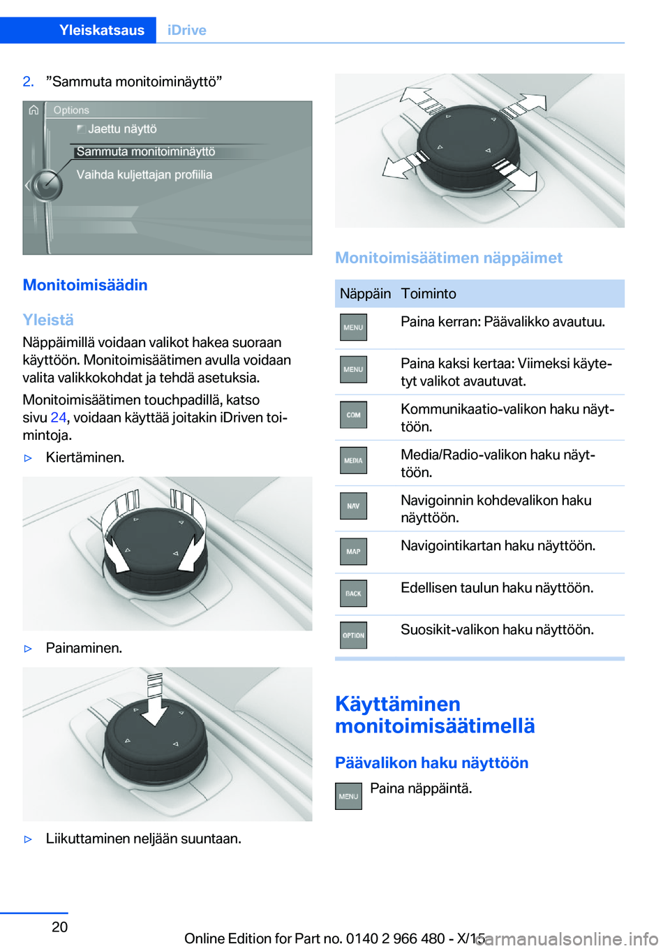 BMW 7 SERIES 2016  Omistajan Käsikirja (in Finnish) 2.”Sammuta monitoiminäyttö”
Monitoimisäädin
Yleistä
Näppäimillä voidaan valikot hakea suoraan
käyttöön. Monitoimisäätimen avulla voidaan
valita valikkokohdat ja tehdä asetuksia.
Moni