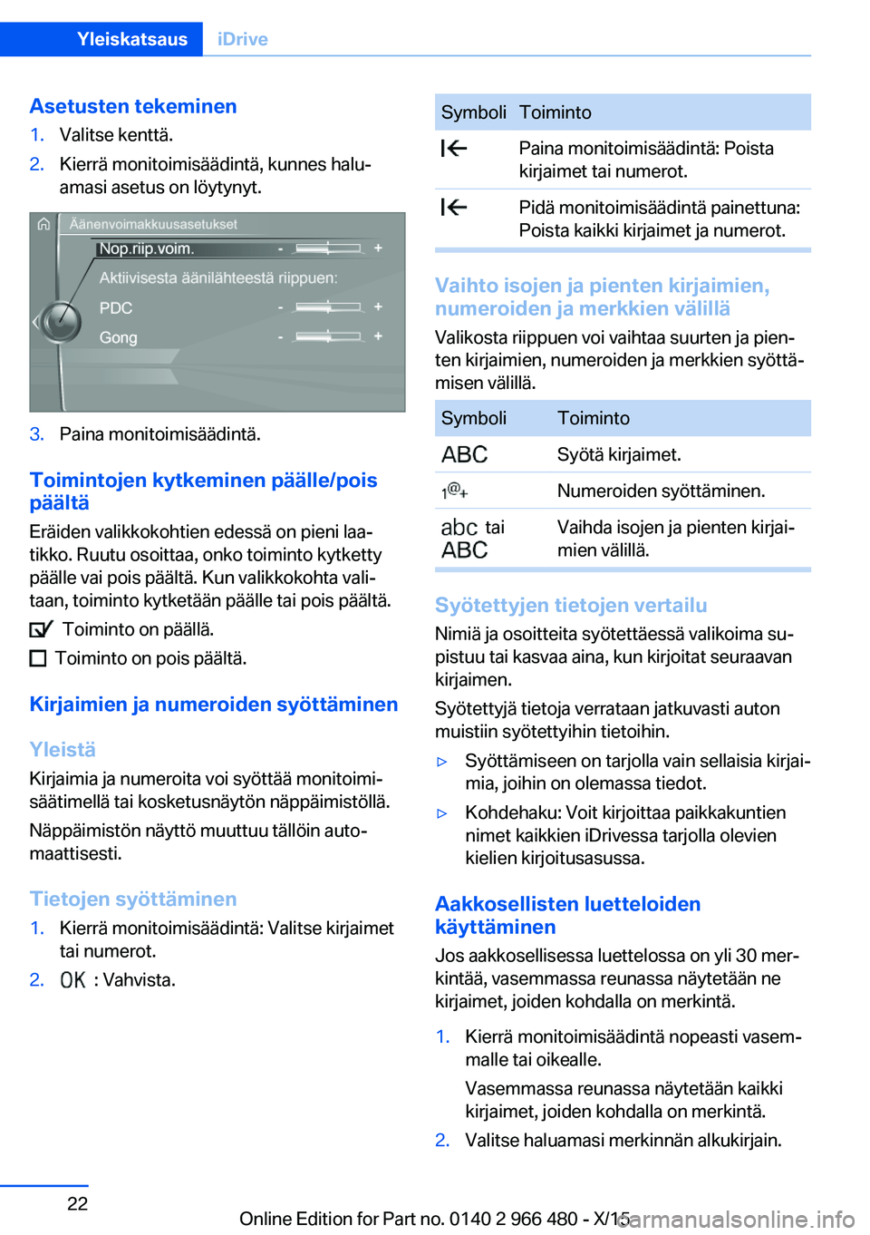 BMW 7 SERIES 2016  Omistajan Käsikirja (in Finnish) Asetusten tekeminen1.Valitse kenttä.2.Kierrä monitoimisäädintä, kunnes halu‐
amasi asetus on löytynyt.3.Paina monitoimisäädintä.
Toimintojen kytkeminen päälle/pois
päältä
Eräiden vali