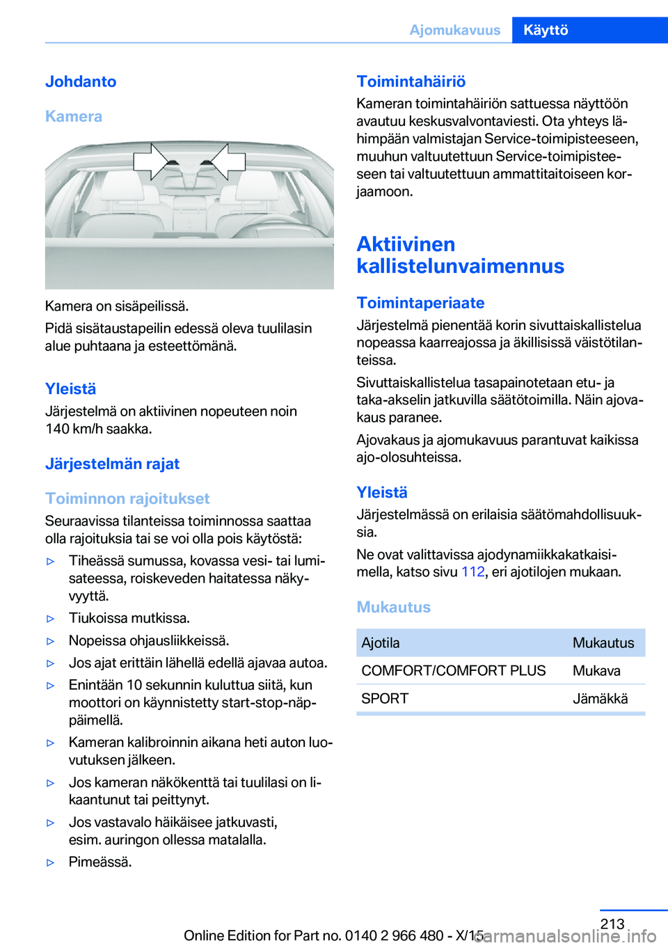 BMW 7 SERIES 2016  Omistajan Käsikirja (in Finnish) Johdanto
Kamera
Kamera on sisäpeilissä.
Pidä sisätaustapeilin edessä oleva tuulilasin
alue puhtaana ja esteettömänä.
Yleistä
Järjestelmä on aktiivinen nopeuteen noin
140 km/h saakka.
Järje