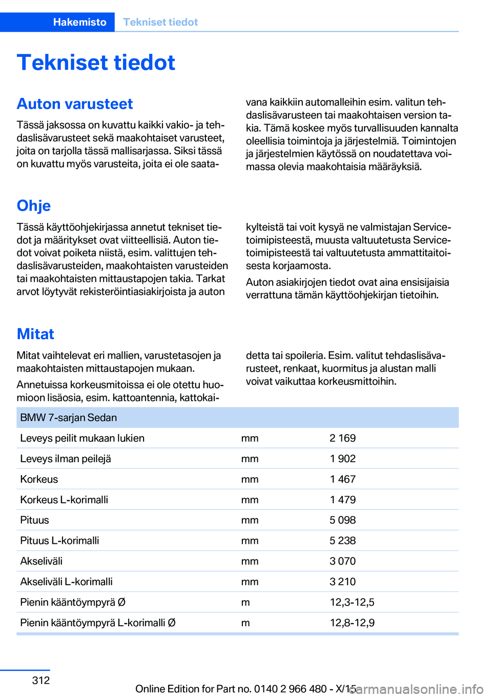 BMW 7 SERIES 2016  Omistajan Käsikirja (in Finnish) Tekniset tiedotAuton varusteetTässä jaksossa on kuvattu kaikki vakio- ja teh‐
daslisävarusteet sekä maakohtaiset varusteet,
joita on tarjolla tässä mallisarjassa. Siksi tässä
on kuvattu myö
