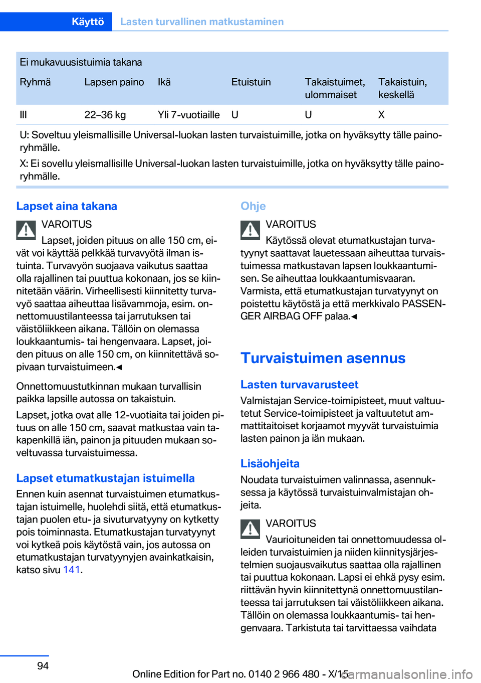 BMW 7 SERIES 2016 Omistajan Käsikirja (in Finnish) Ei mukavuusistuimia takanaRyhmäLapsen painoIkäEtuistuinTakaistuimet,
ulommaisetTakaistuin,
keskelläIII22–36 kgYli 7-vuotiailleUUXU: Soveltuu yleismallisille Universal-luokan lasten turvaistuimill BMW 7 SERIES 2016 Omistajan Käsikirja (in Finnish) Ei mukavuusistuimia takanaRyhmäLapsen painoIkäEtuistuinTakaistuimet,
ulommaisetTakaistuin,
keskelläIII22–36 kgYli 7-vuotiailleUUXU: Soveltuu yleismallisille Universal-luokan lasten turvaistuimill