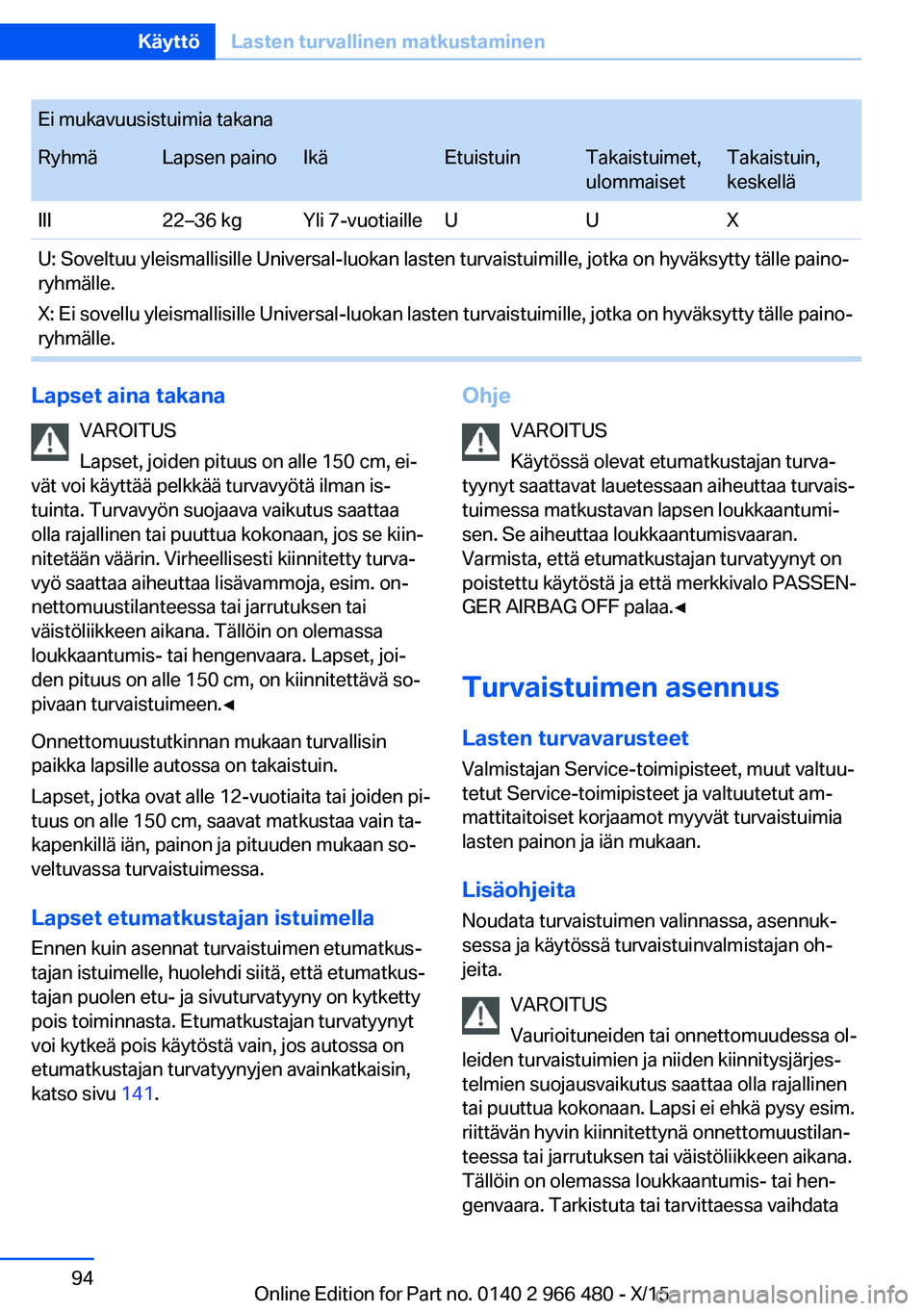 BMW 7 SERIES 2016  Omistajan Käsikirja (in Finnish) Ei mukavuusistuimia takanaRyhmäLapsen painoIkäEtuistuinTakaistuimet,
ulommaisetTakaistuin,
keskelläIII22–36 kgYli 7-vuotiailleUUXU: Soveltuu yleismallisille Universal-luokan lasten turvaistuimill