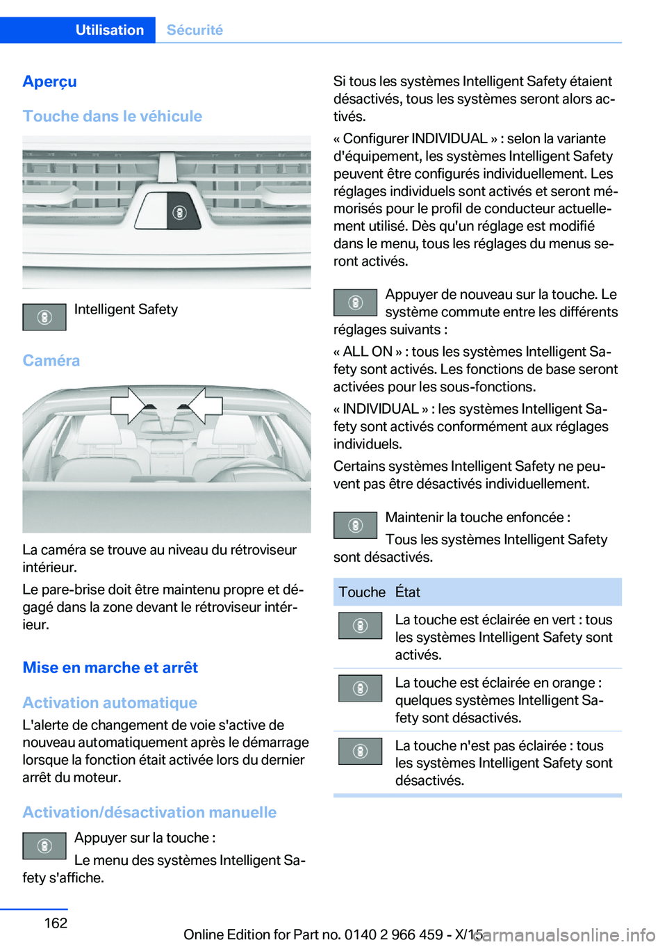 BMW 7 SERIES 2016 Notices Demploi (in French) Aperçu
Touche dans le véhicule
Intelligent Safety
Caméra
La caméra se trouve au niveau du rétroviseur
intérieur.
Le pare-brise doit être maintenu propre et dé‐
gagé dans la zone devant le r BMW 7 SERIES 2016 Notices Demploi (in French) Aperçu
Touche dans le véhicule
Intelligent Safety
Caméra
La caméra se trouve au niveau du rétroviseur
intérieur.
Le pare-brise doit être maintenu propre et dé‐
gagé dans la zone devant le r