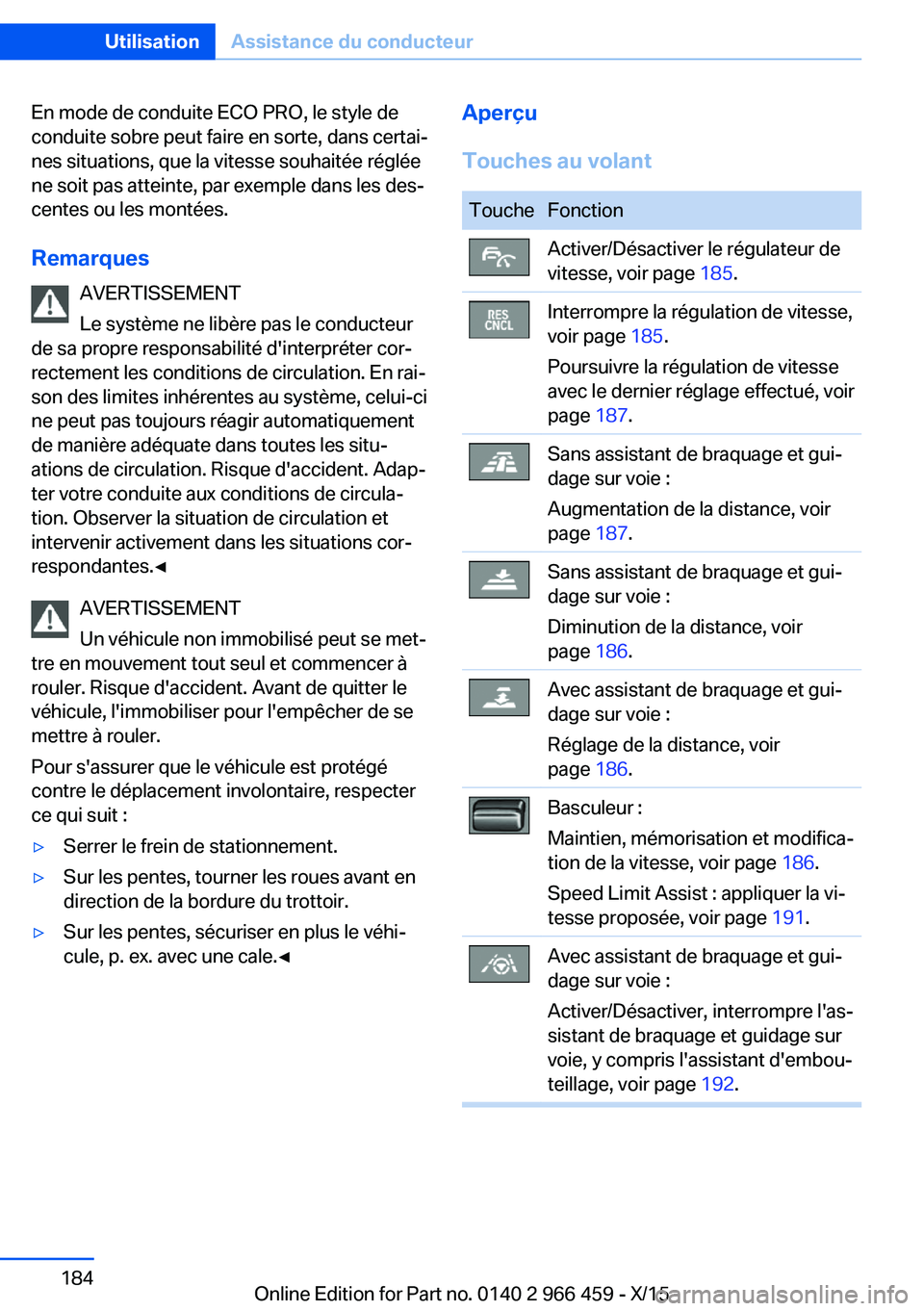BMW 7 SERIES 2016 Notices Demploi (in French) En mode de conduite ECO PRO, le style de
conduite sobre peut faire en sorte, dans certai‐
nes situations, que la vitesse souhaitée réglée
ne soit pas atteinte, par exemple dans les des‐
centes BMW 7 SERIES 2016 Notices Demploi (in French) En mode de conduite ECO PRO, le style de
conduite sobre peut faire en sorte, dans certai‐
nes situations, que la vitesse souhaitée réglée
ne soit pas atteinte, par exemple dans les des‐
centes