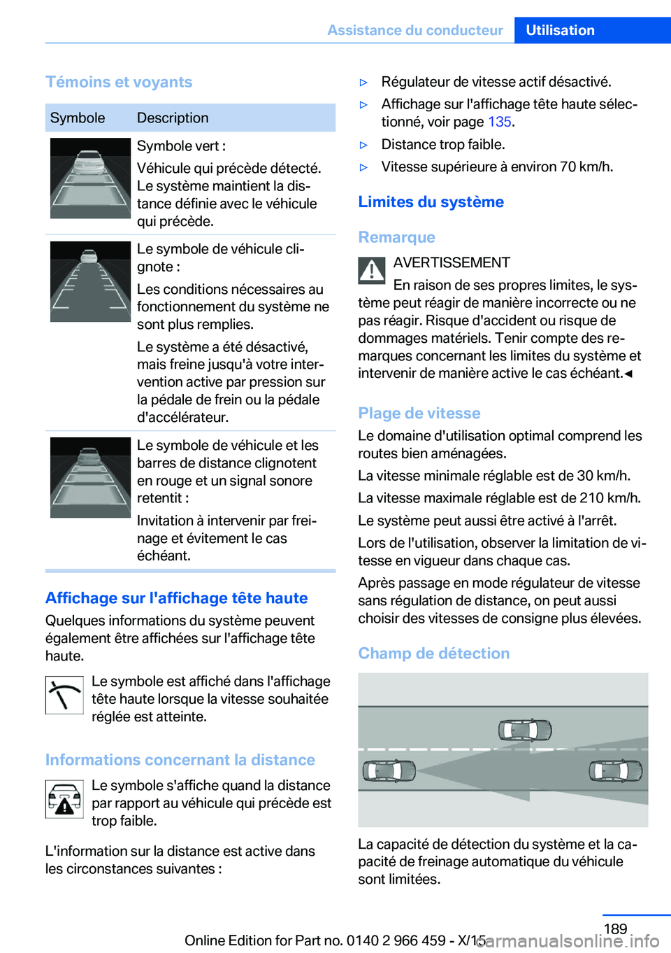 BMW 7 SERIES 2016 Notices Demploi (in French) Témoins et voyantsSymboleDescriptionSymbole vert :
Véhicule qui précède détecté.
Le système maintient la dis‐
tance définie avec le véhicule
qui précède.Le symbole de véhicule cli‐
gno BMW 7 SERIES 2016 Notices Demploi (in French) Témoins et voyantsSymboleDescriptionSymbole vert :
Véhicule qui précède détecté.
Le système maintient la dis‐
tance définie avec le véhicule
qui précède.Le symbole de véhicule cli‐
gno